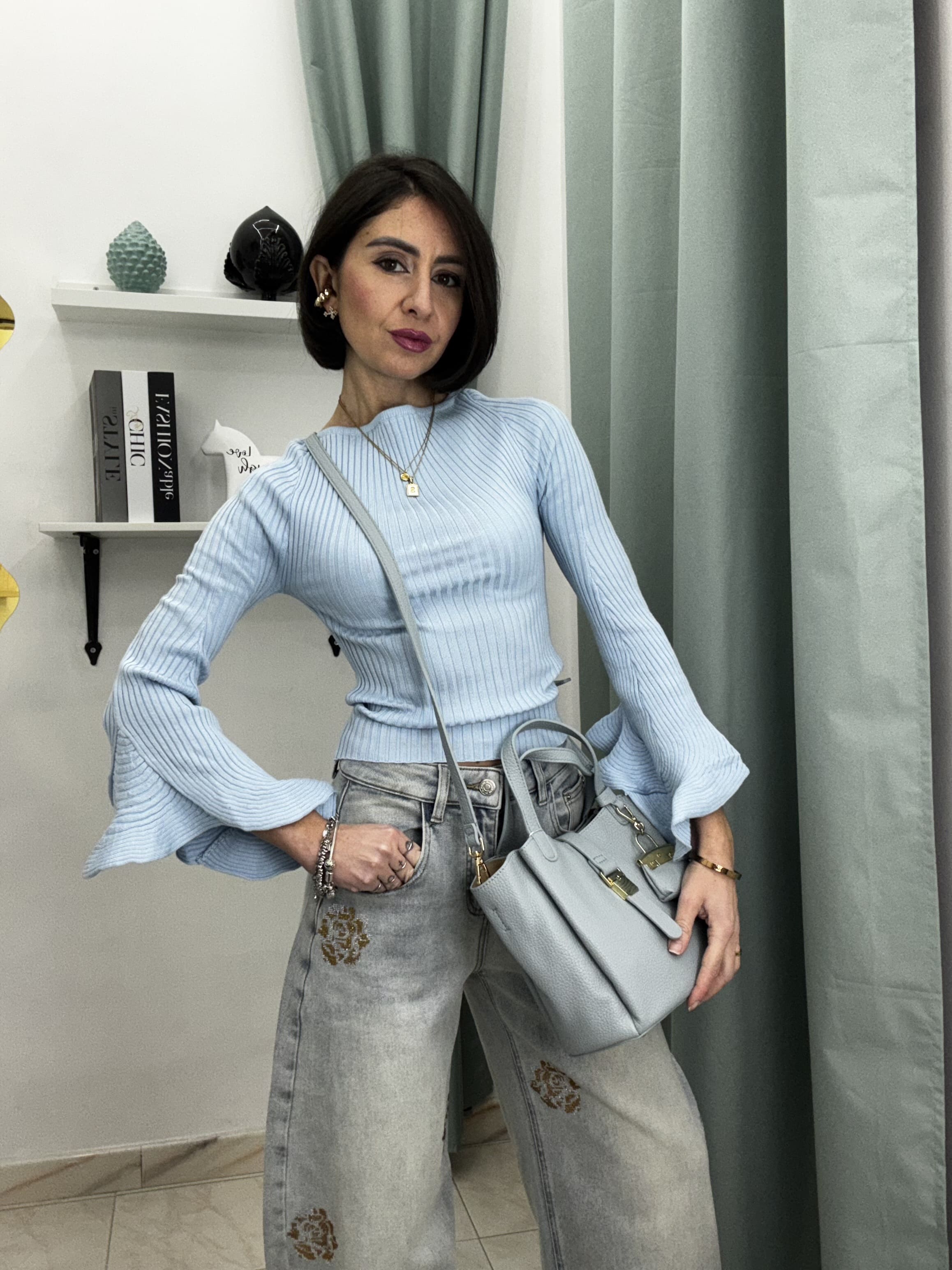 Maglia Donna a Coste con Maniche 3/4 e Volant