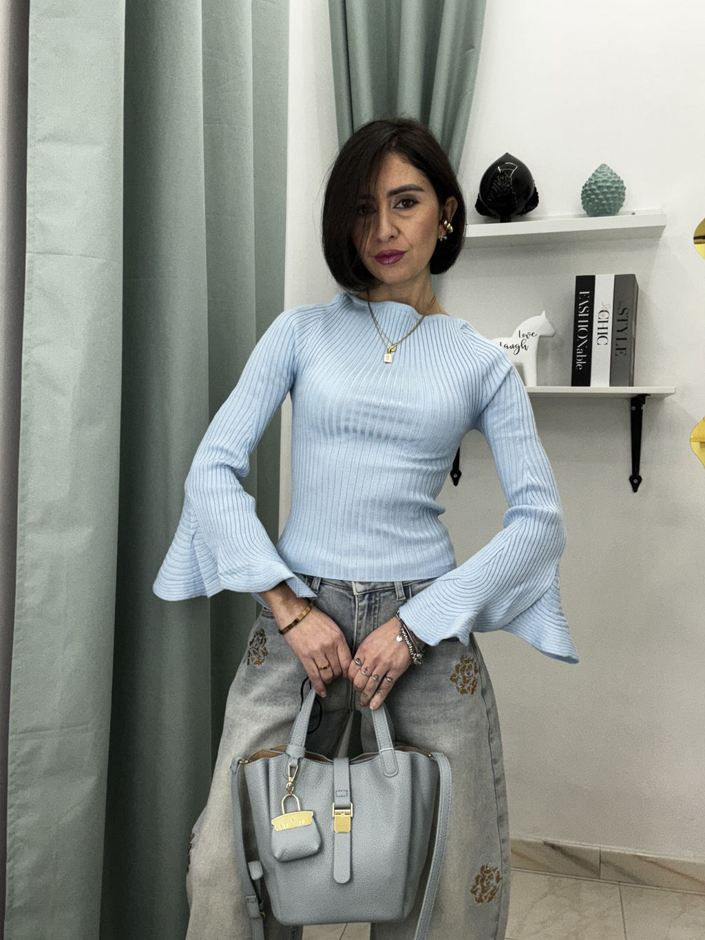 Maglia Donna a Coste con Maniche 3/4 e Volant