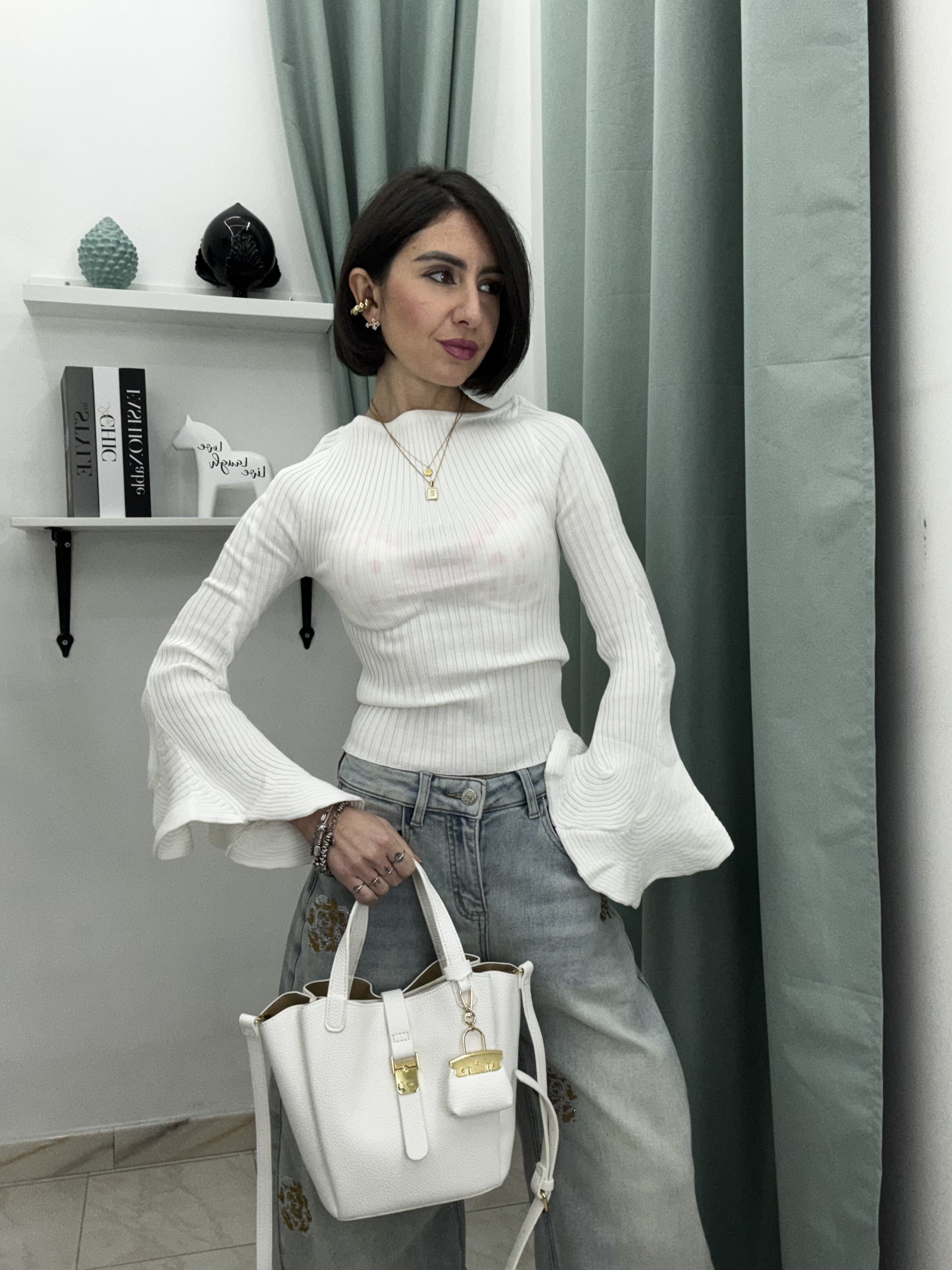 Maglia Donna a Coste con Maniche 3/4 e Volant