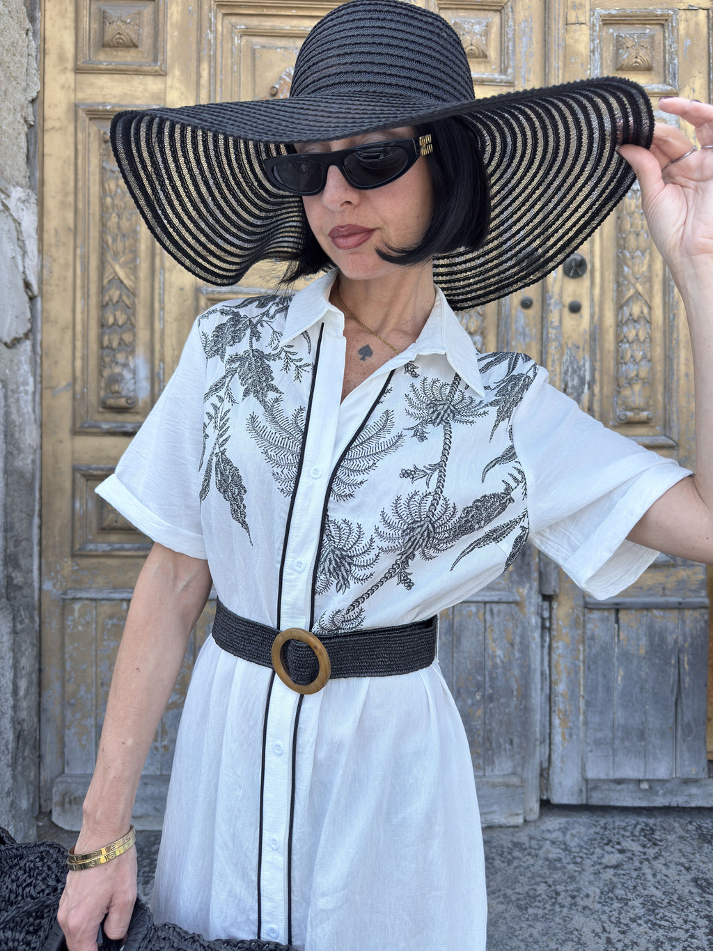 Abito Lungo a Camicia "Chemisier" con Stampa Palme e Cintura Elastica Inclusa