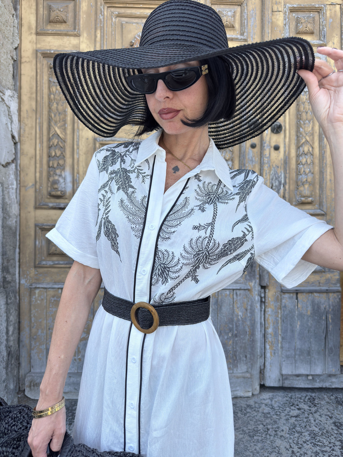 Abito Lungo a Camicia "Chemisier" con Stampa Palme e Cintura Elastica Inclusa