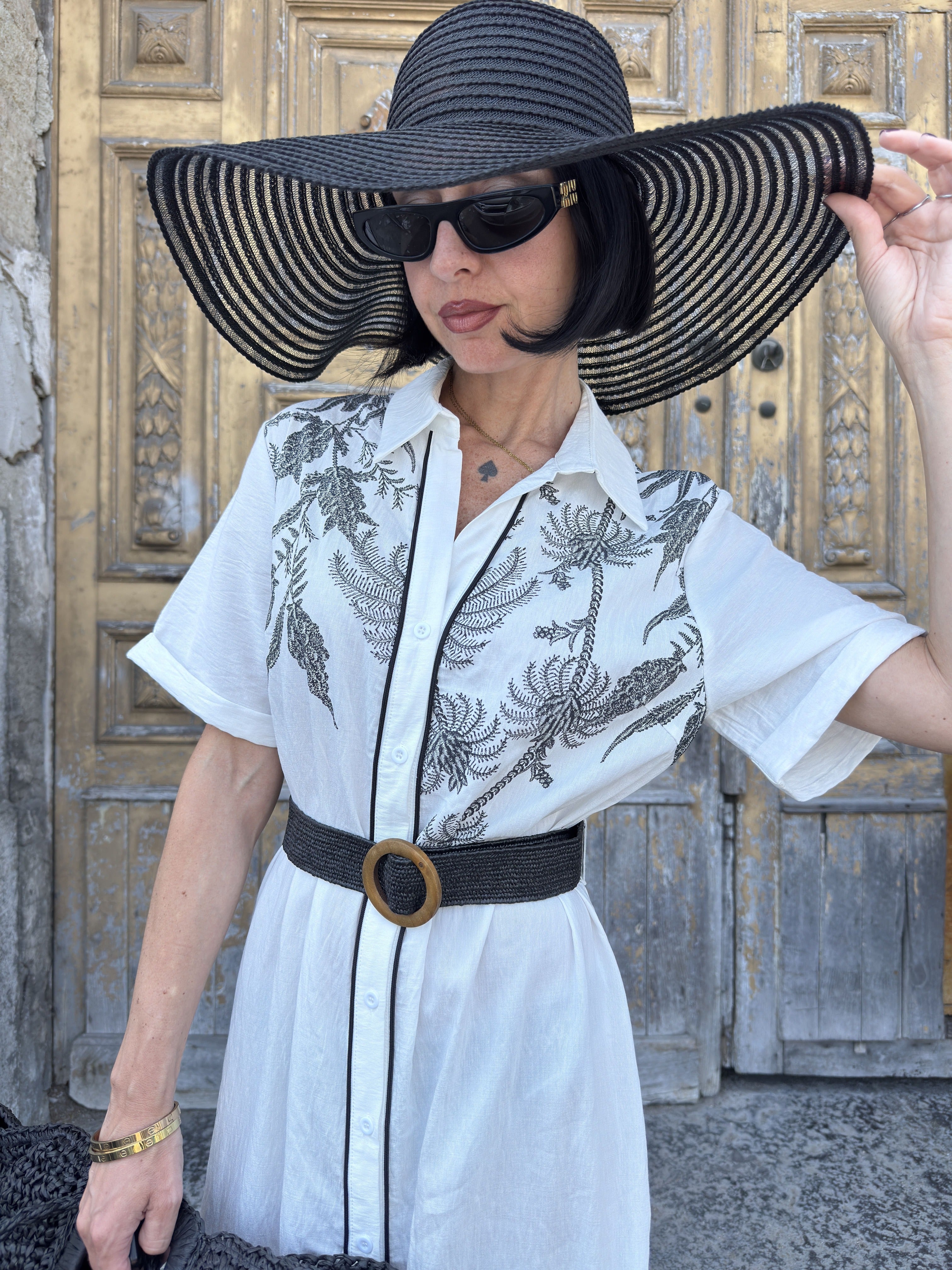 Abito Lungo a Camicia "Chemisier" con Stampa Palme e Cintura Elastica Inclusa