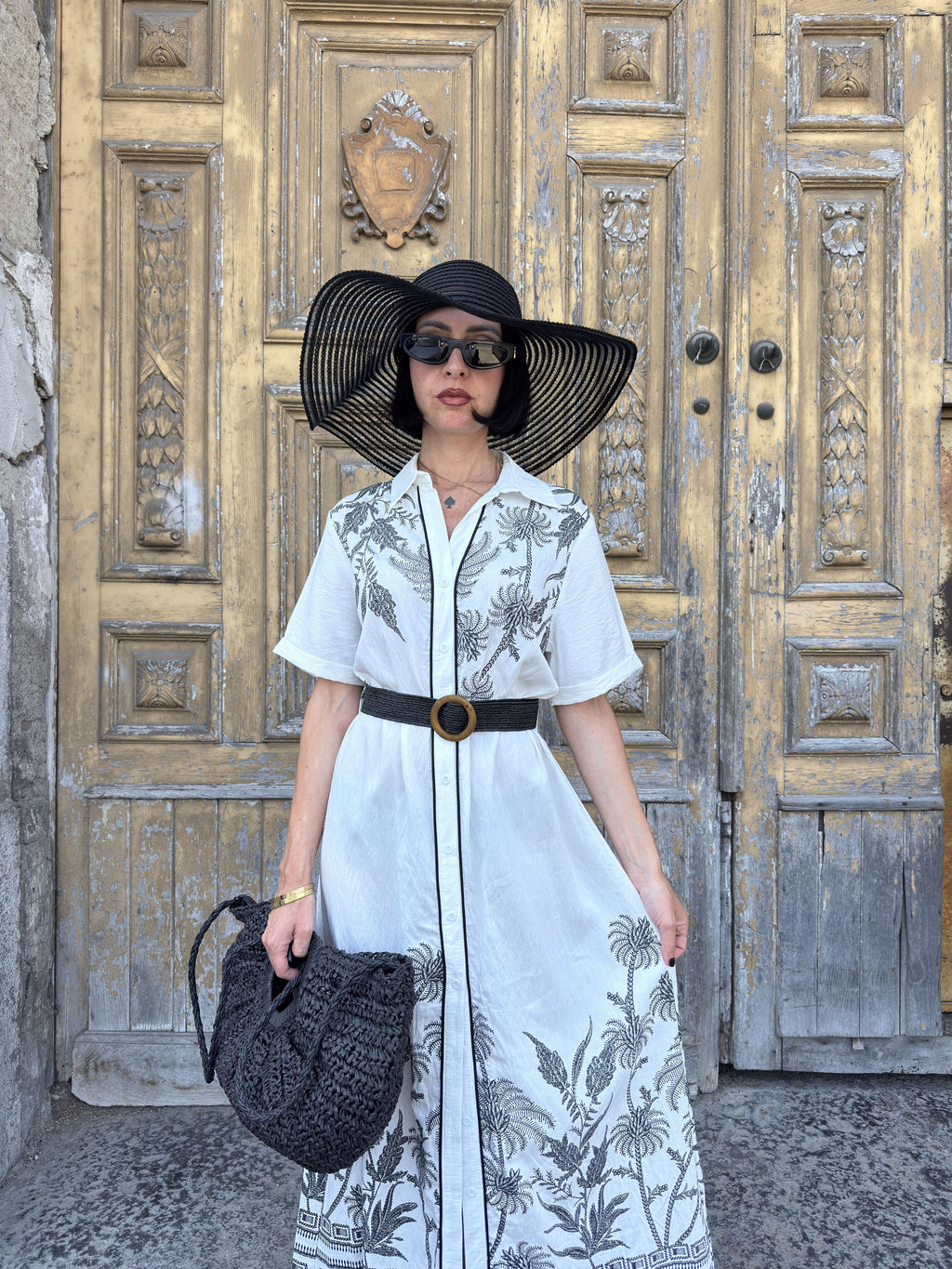 Abito Lungo a Camicia "Chemisier" con Stampa Palme e Cintura Elastica Inclusa