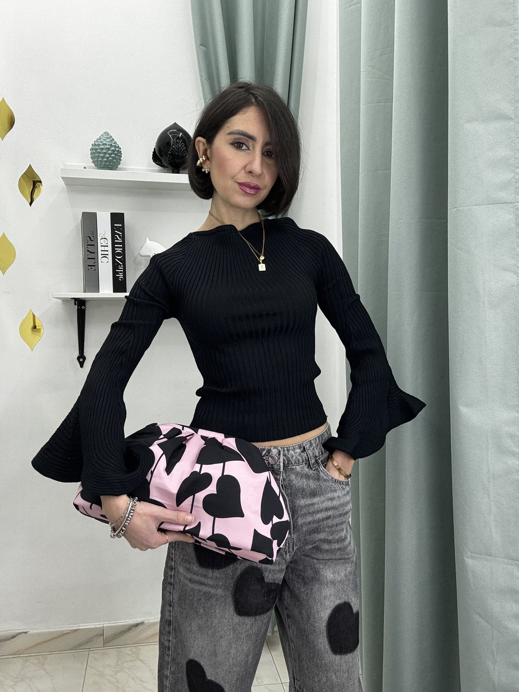 Maglia Donna a Coste con Maniche 3/4 e Volant