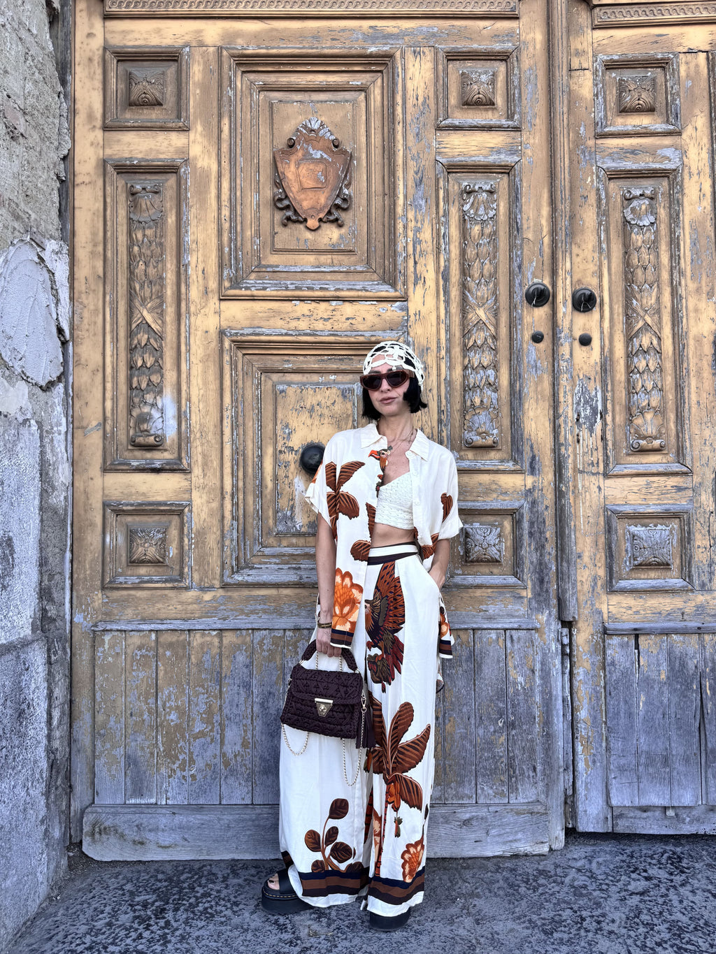 Coordinato Due Pezzi in fantasia 100% Cotone con Camicia Oversize e Pantalone a Palazzo