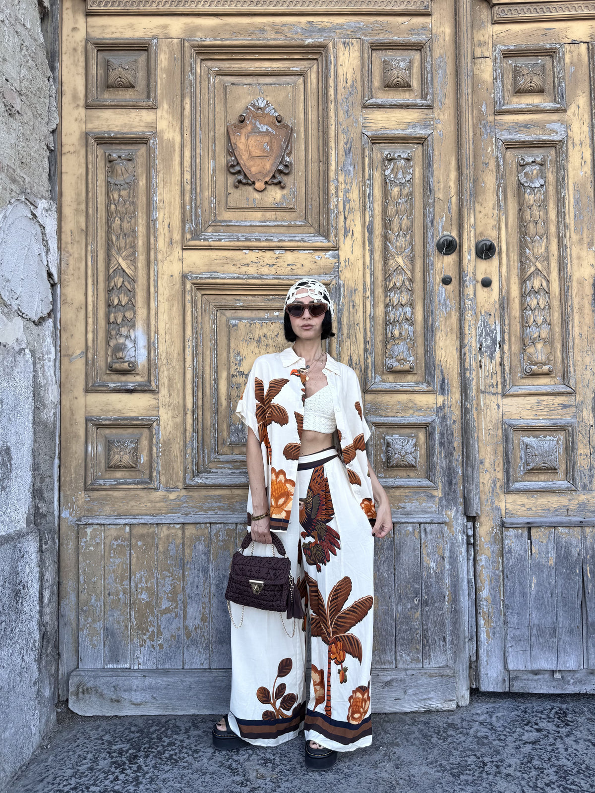 Coordinato Due Pezzi in fantasia 100% Cotone con Camicia Oversize e Pantalone a Palazzo