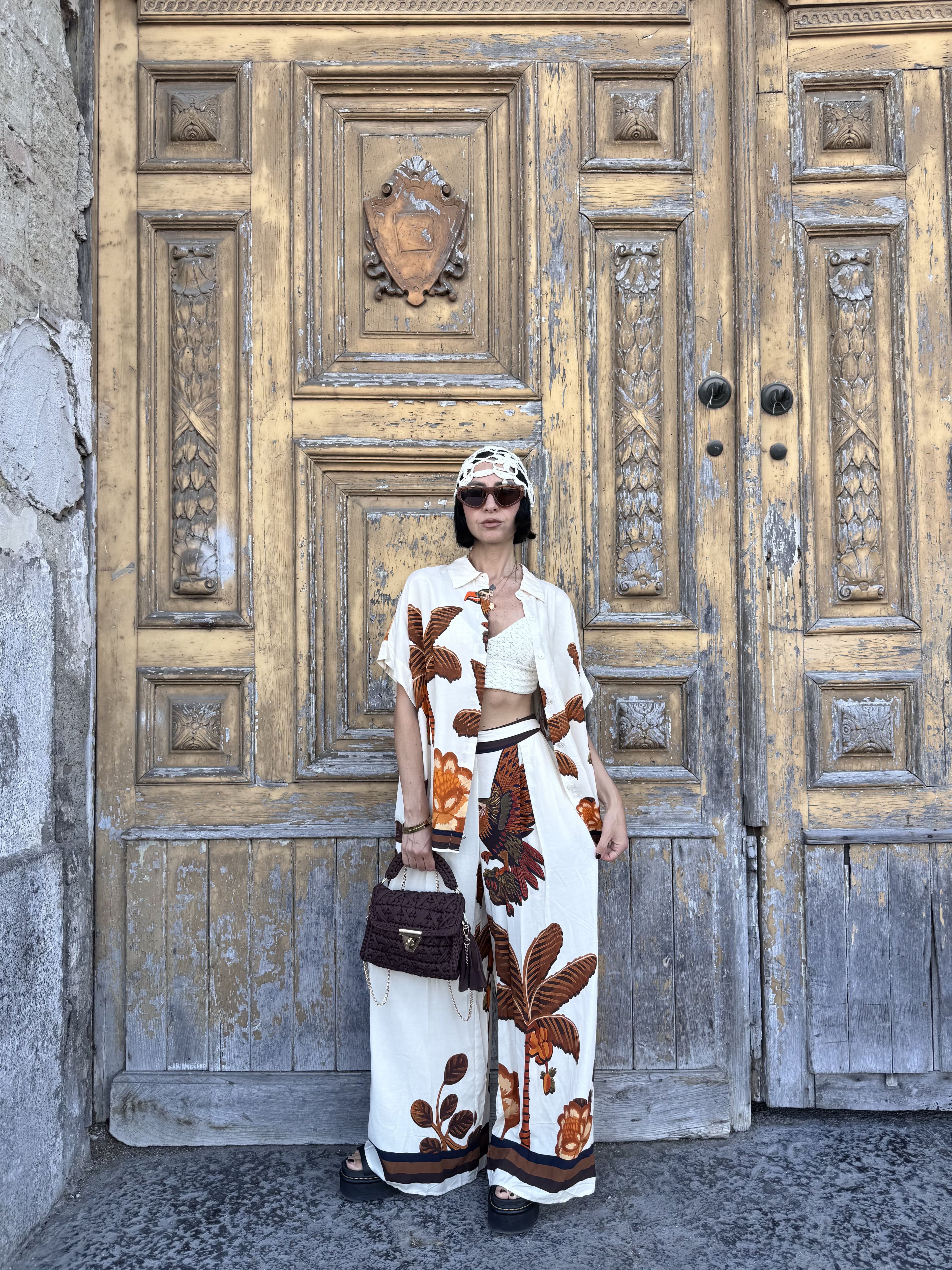 Coordinato Due Pezzi in fantasia 100% Cotone con Camicia Oversize e Pantalone a Palazzo