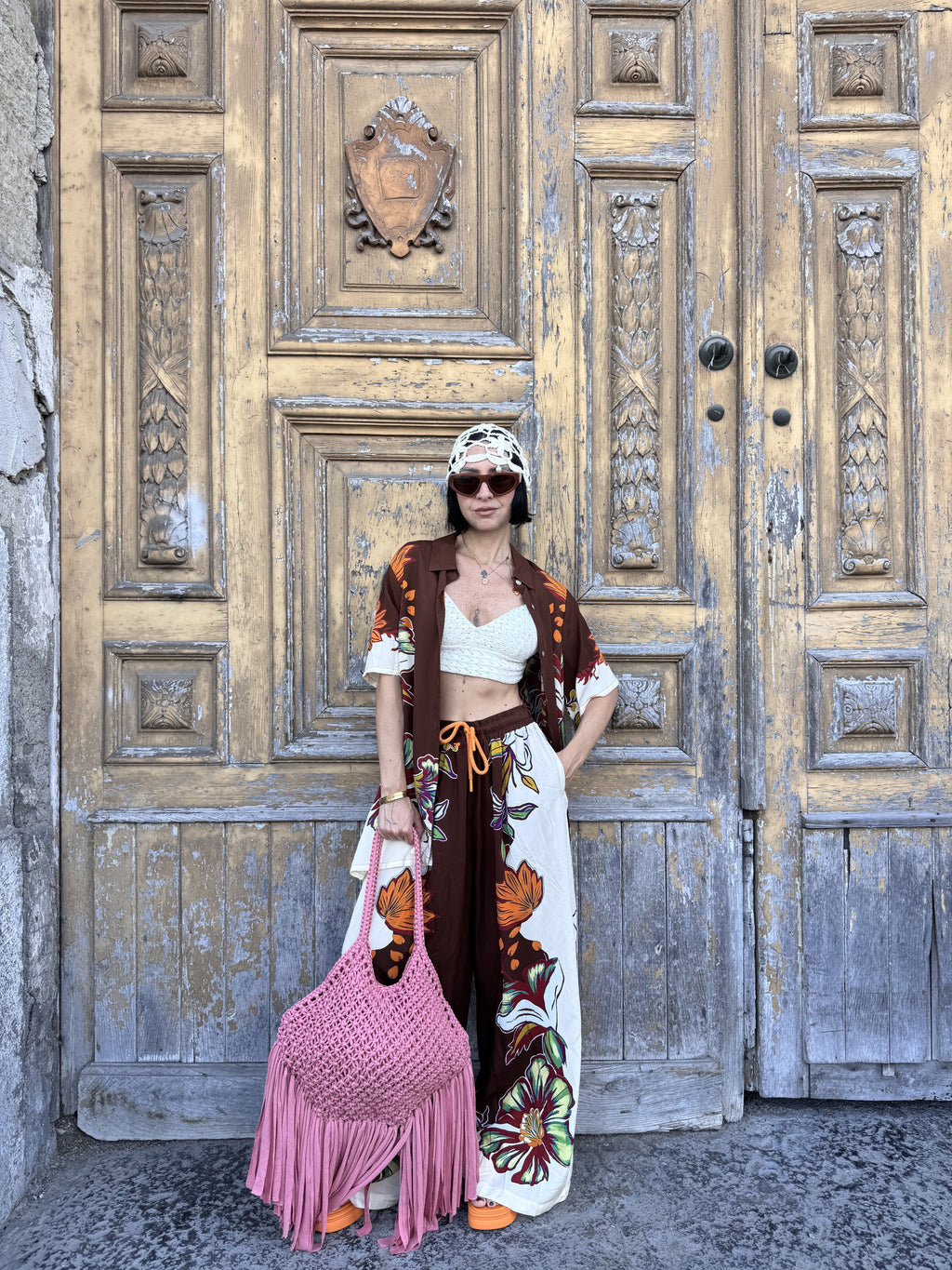 Coordinato Due Pezzi in fantasia 100% Viscosa Fluida con Camicia Scivolata e Pantalone a Palazzo
