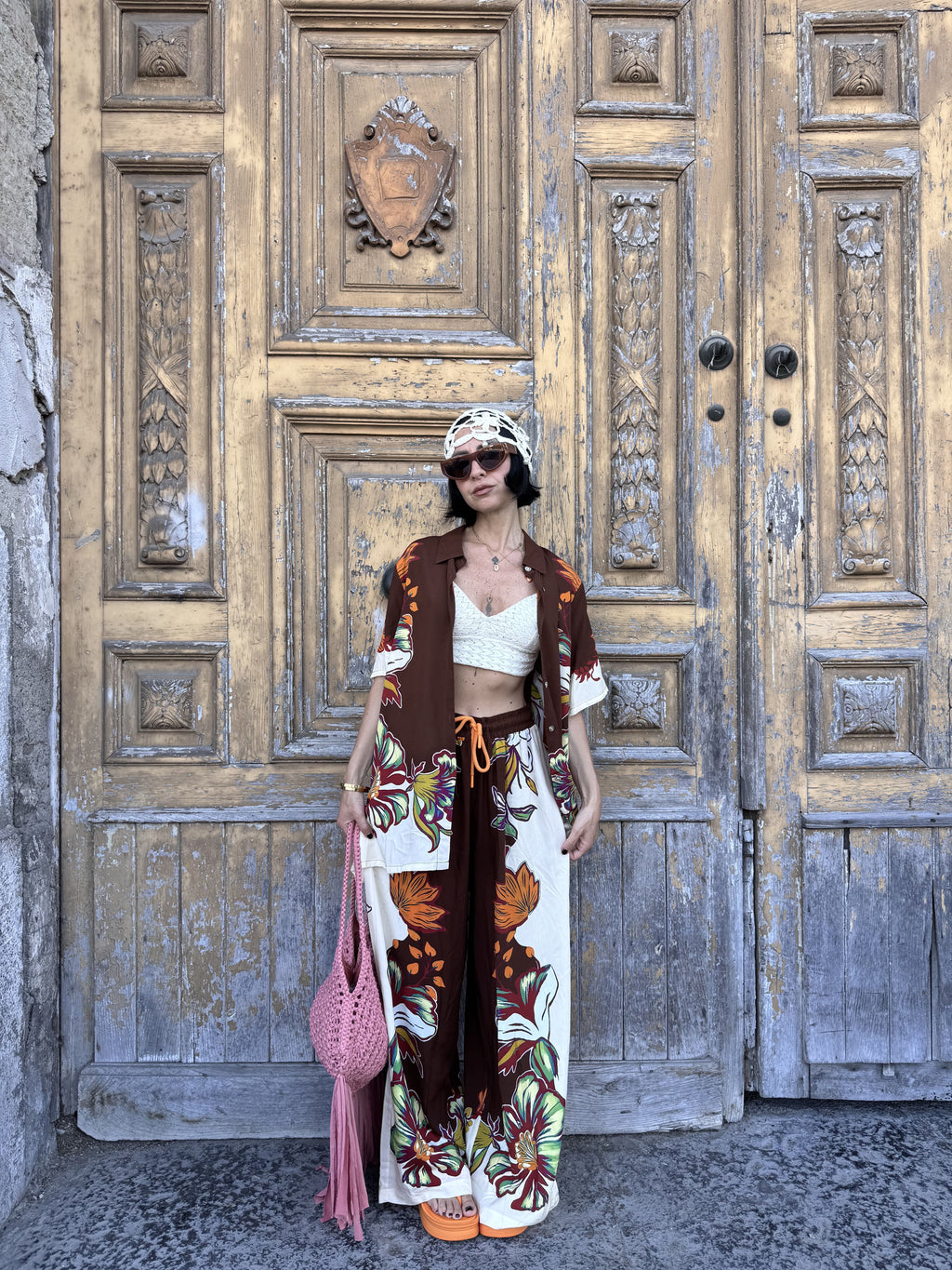 Coordinato Due Pezzi in fantasia 100% Viscosa Fluida con Camicia Scivolata e Pantalone a Palazzo