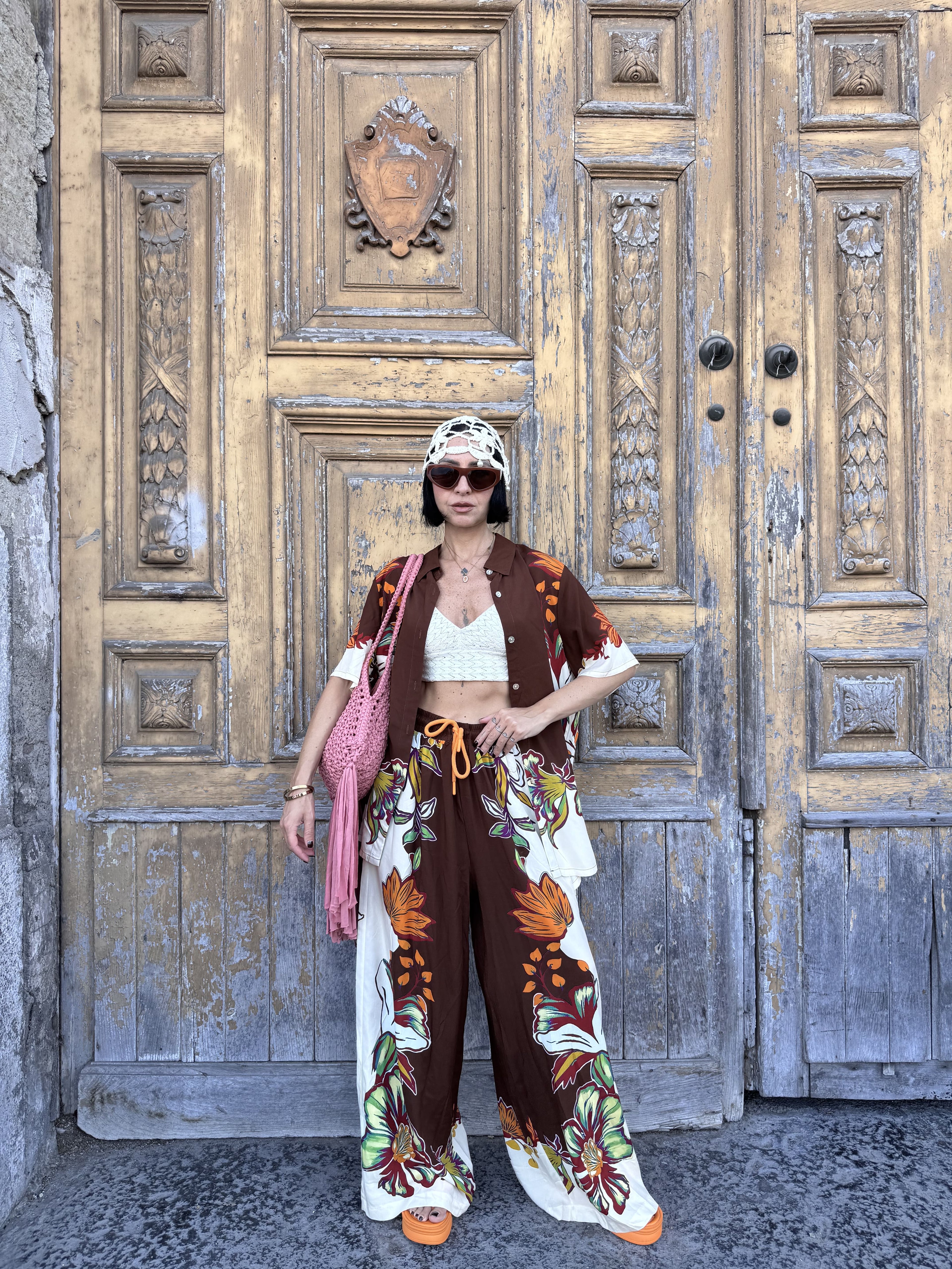 Coordinato Due Pezzi in fantasia 100% Viscosa Fluida con Camicia Scivolata e Pantalone a Palazzo