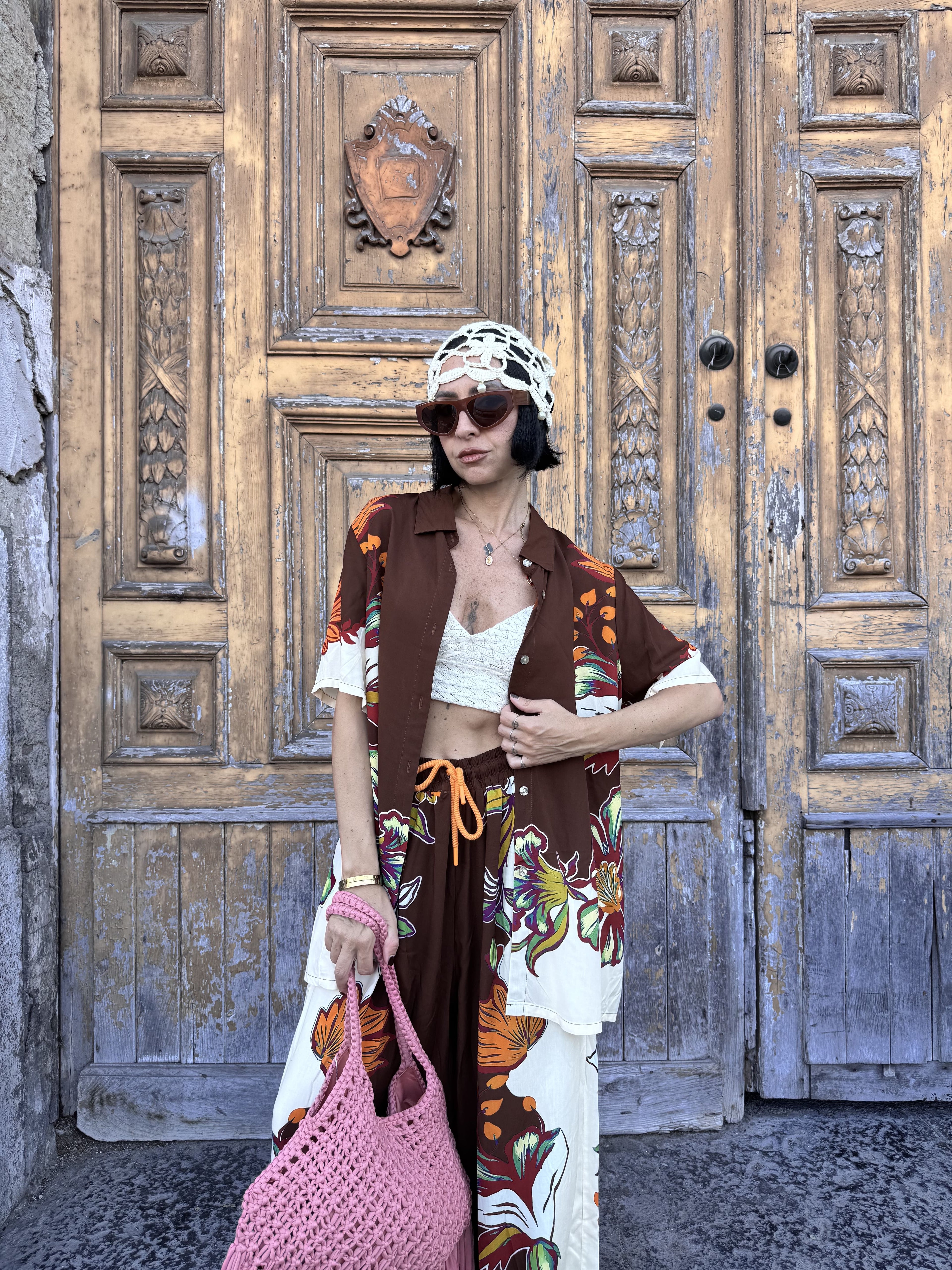 Coordinato Due Pezzi in fantasia 100% Viscosa Fluida con Camicia Scivolata e Pantalone a Palazzo