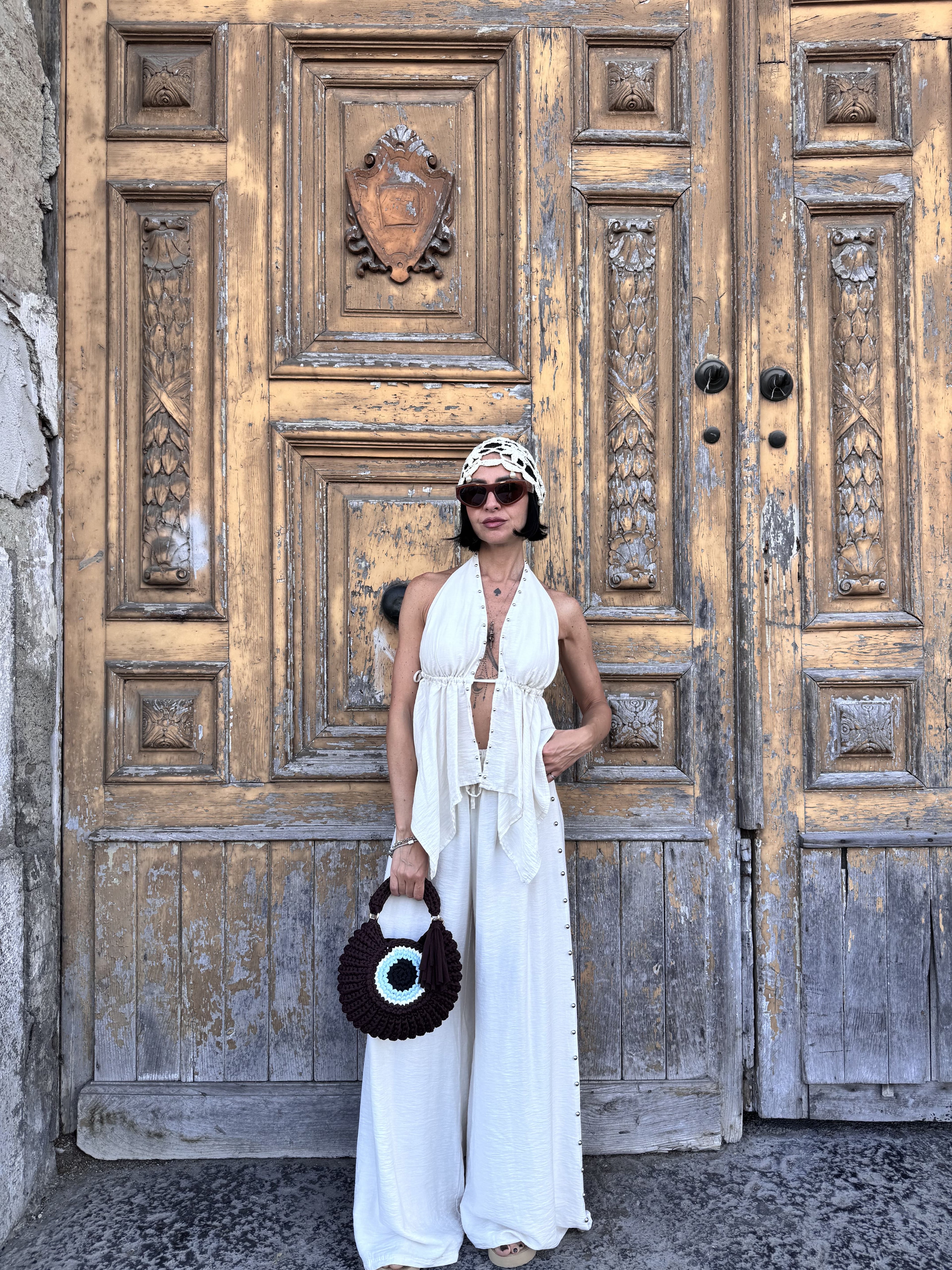 Coordinato Gipsy Donna: Top con Scollo all'Americana e Pantalone Palazzo in Viscosa con Borchie