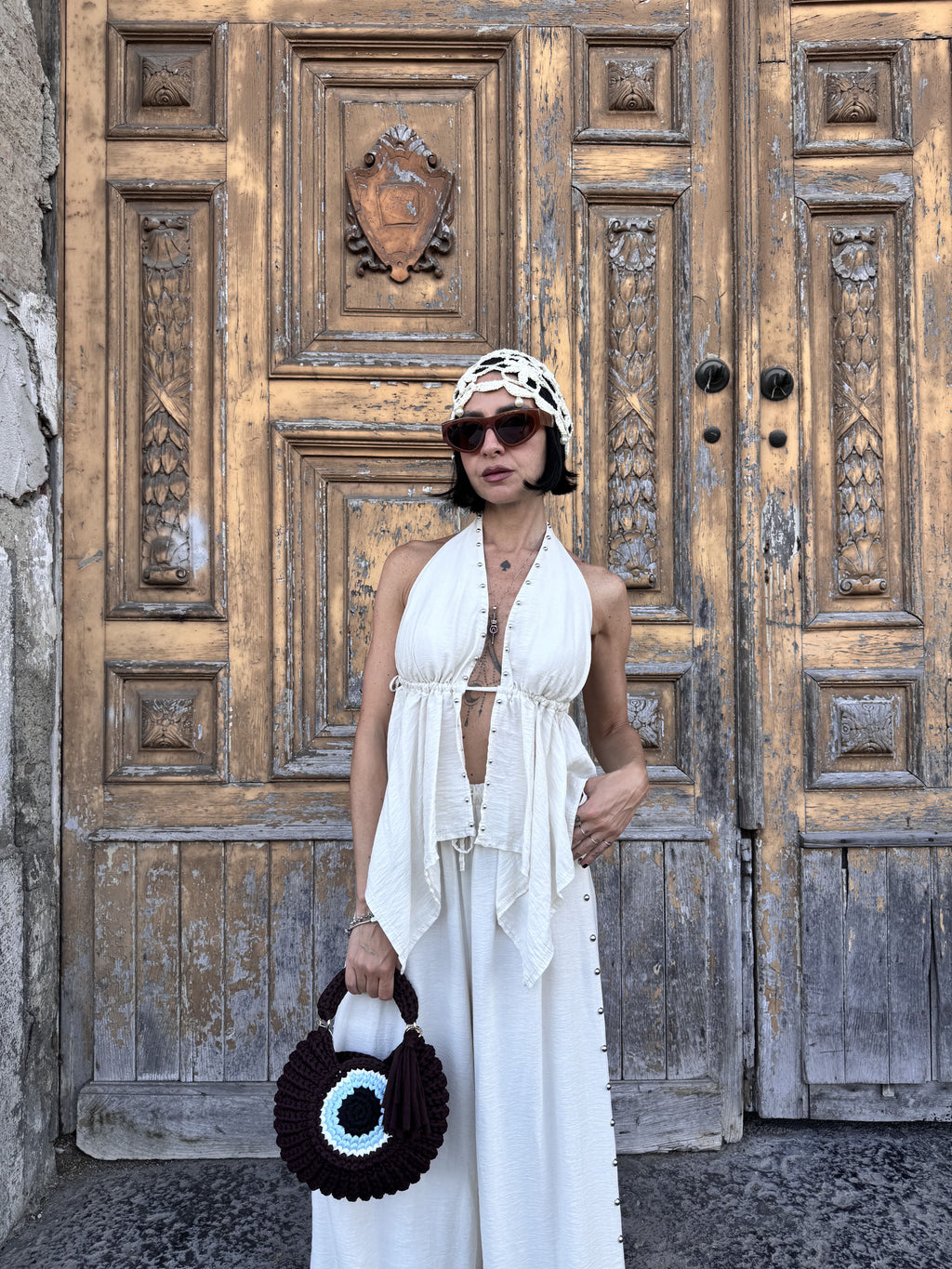 Coordinato Gipsy Donna: Top con Scollo all'Americana e Pantalone Palazzo in Viscosa con Borchie