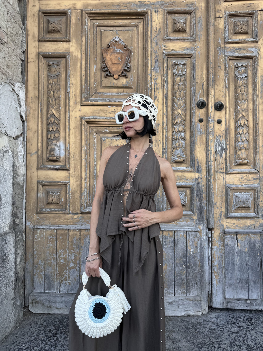 Coordinato Gipsy Donna: Top con Scollo all'Americana e Pantalone Palazzo in Viscosa con Borchie