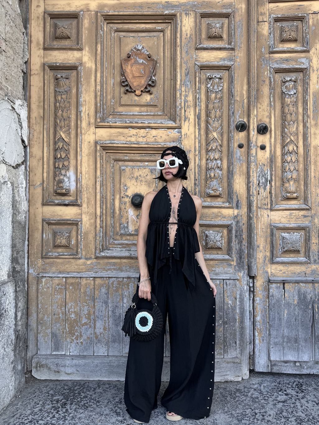Coordinato Gipsy Donna: Top con Scollo all'Americana e Pantalone Palazzo in Viscosa con Borchie