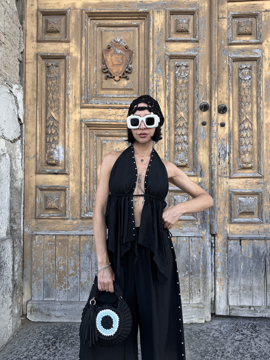 Coordinato Gipsy Donna: Top con Scollo all'Americana e Pantalone Palazzo in Viscosa con Borchie