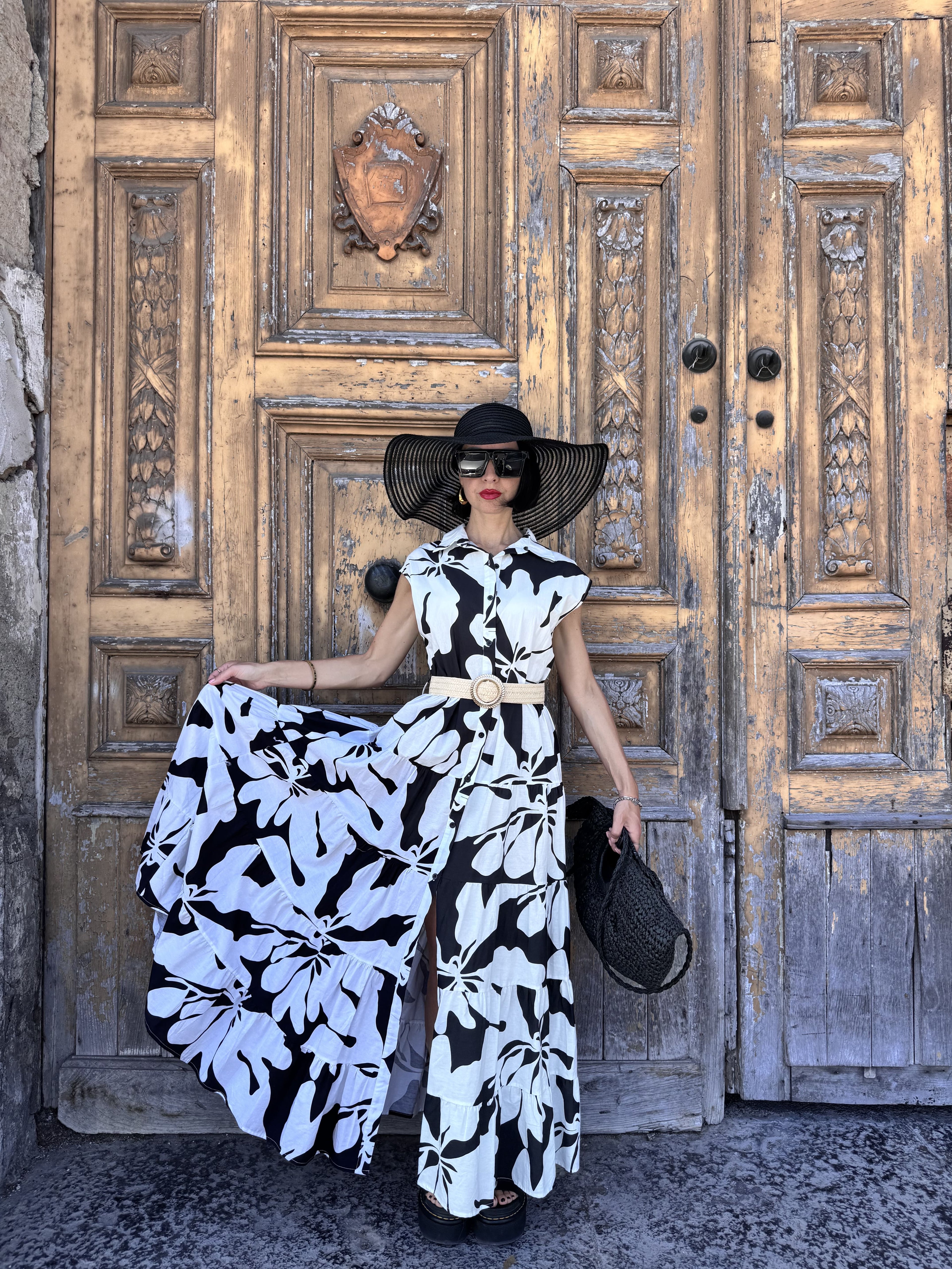 Abito Chemisier Lungo in Cotone Fantasia Black & White – Stile Spanish Girl