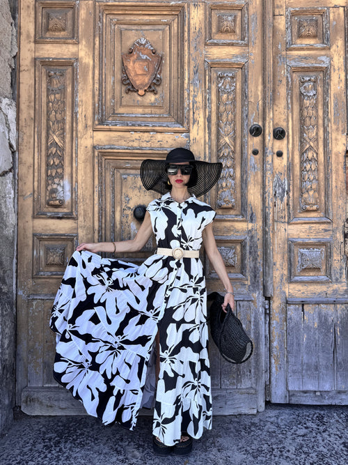 Abito Chemisier Lungo in Cotone Fantasia Black & White – Stile Spanish Girl