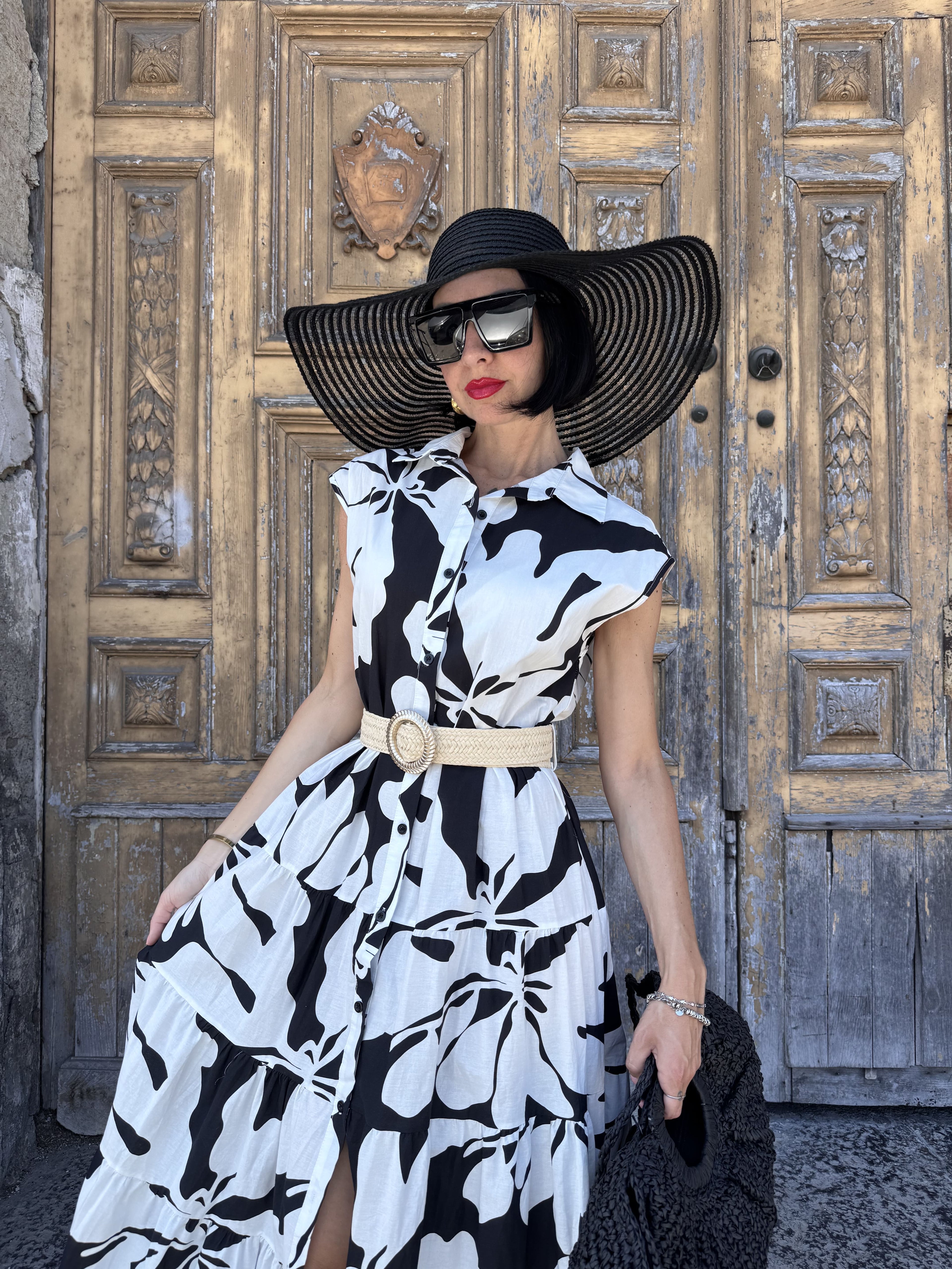 Abito Chemisier Lungo in Cotone Fantasia Black & White – Stile Spanish Girl