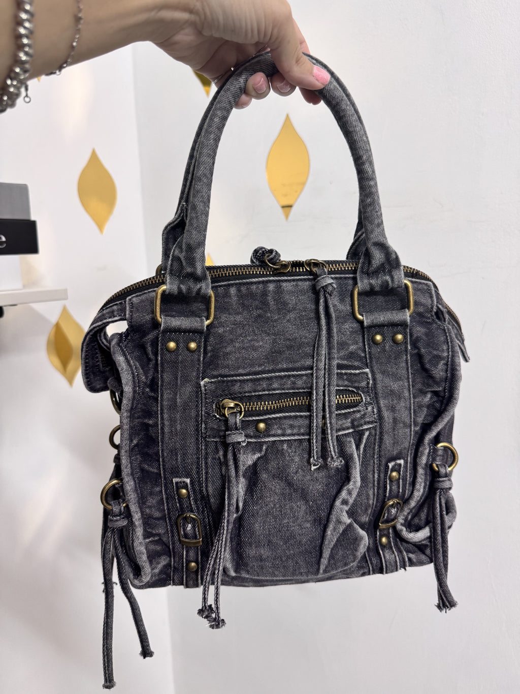 Borsa in Denim "Urban Studs" media – Doppio Manico e Tracolla
