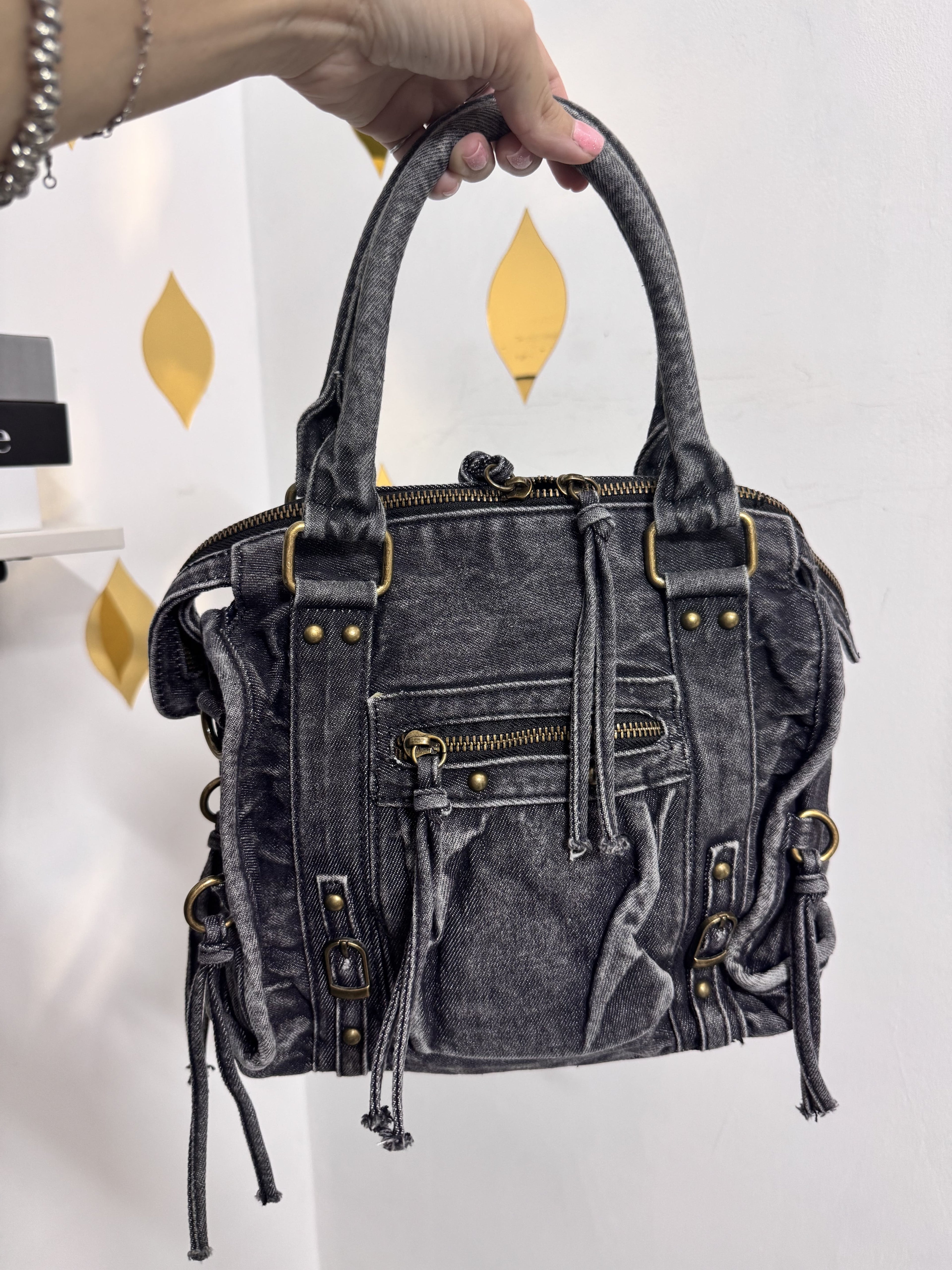 Borsa in Denim "Urban Studs" media – Doppio Manico e Tracolla
