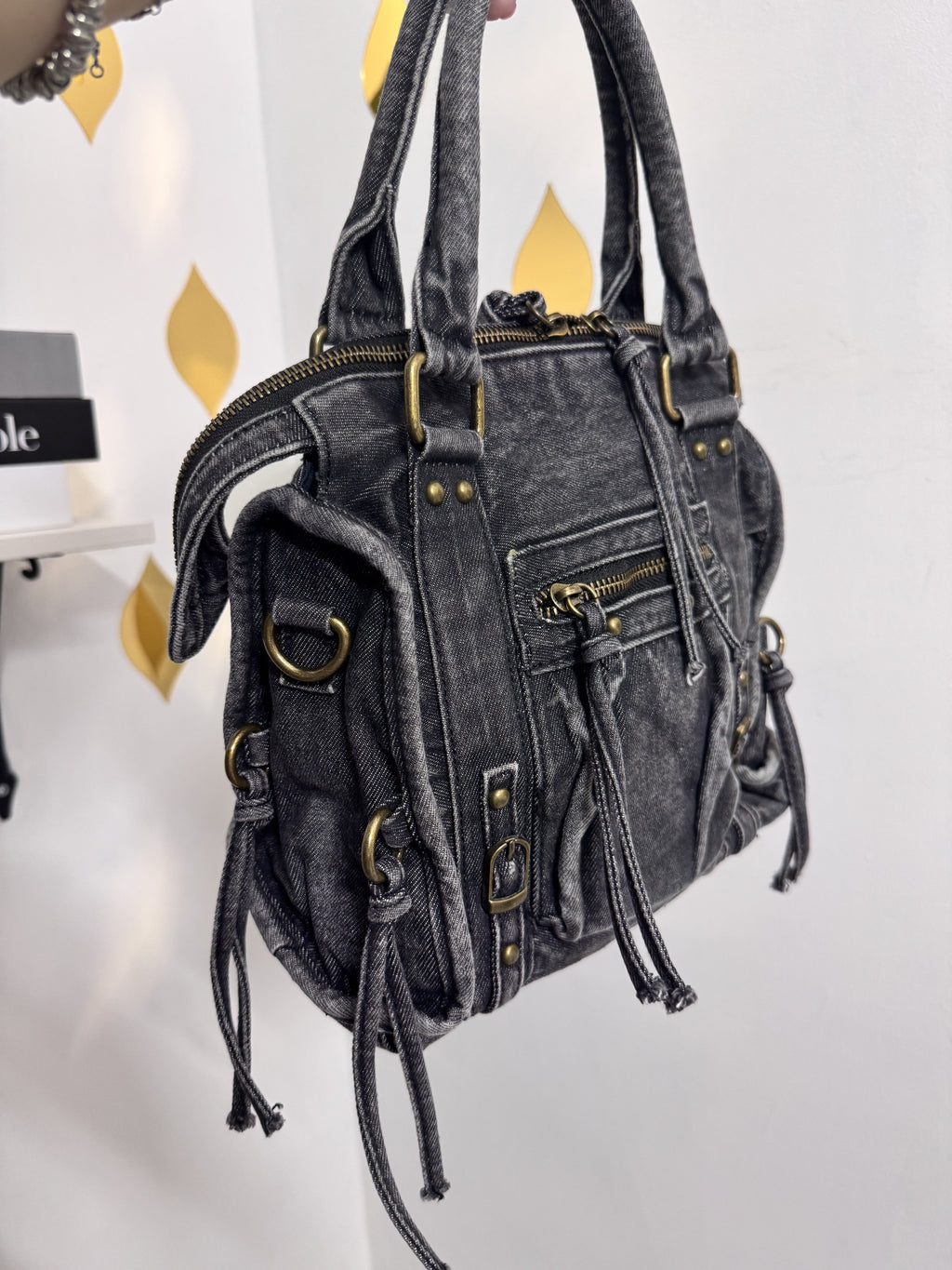 Borsa in Denim "Urban Studs" media – Doppio Manico e Tracolla