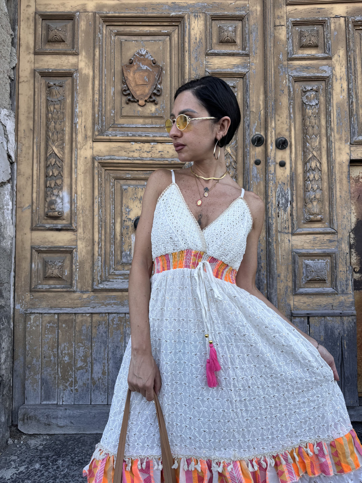 Abito Lungo Estivo in Cotone con Balze Colorate e Paillettes – Taglia Unica (Fino alla 48)