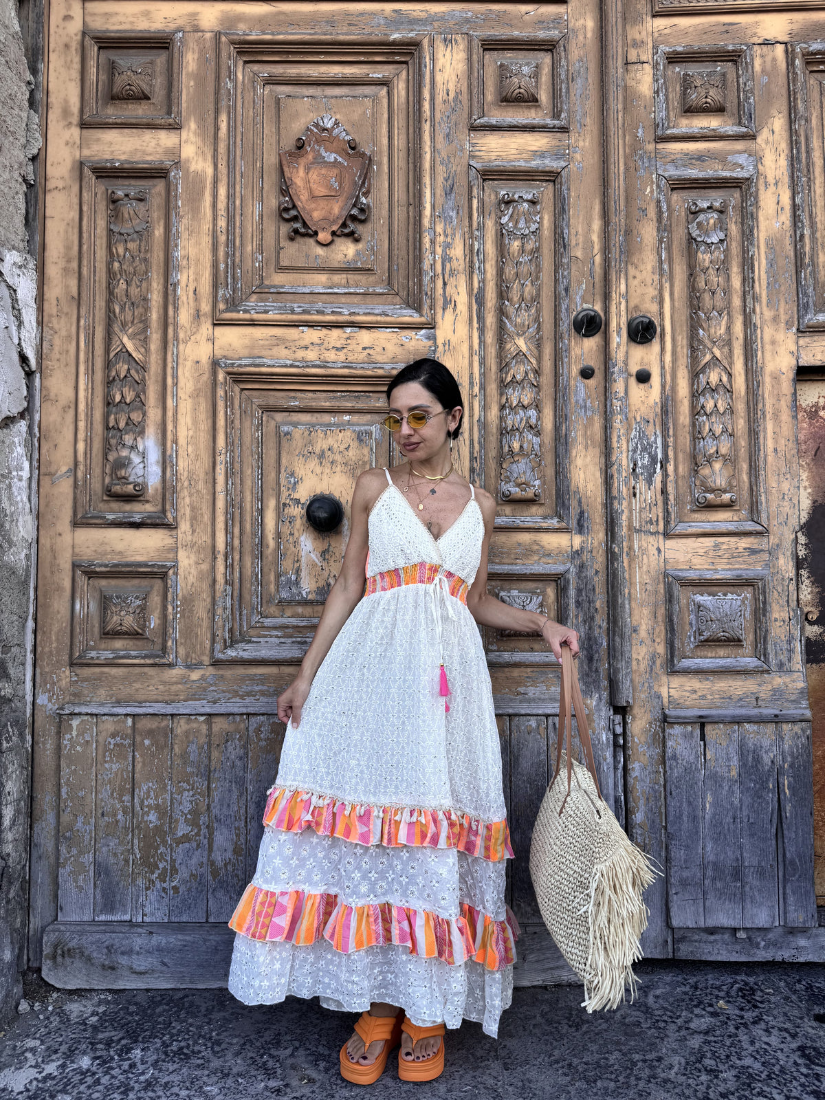 Abito Lungo Estivo in Cotone con Balze Colorate e Paillettes – Taglia Unica (Fino alla 48)
