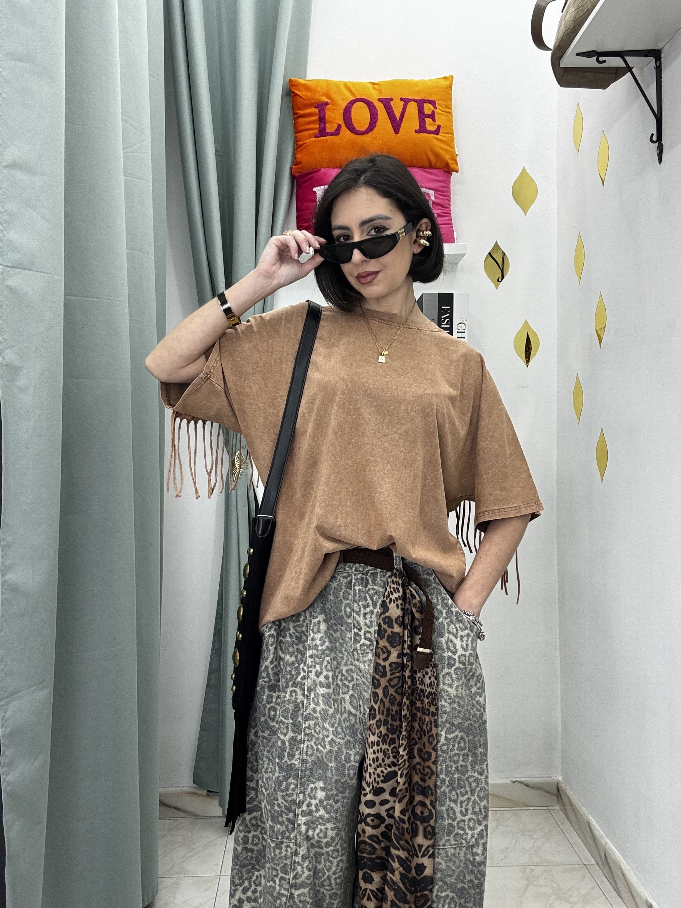 Maglia Donna Mezza Manica con Frange – Cotone Effetto Slavato | Taglia Unica oversize (Copia)