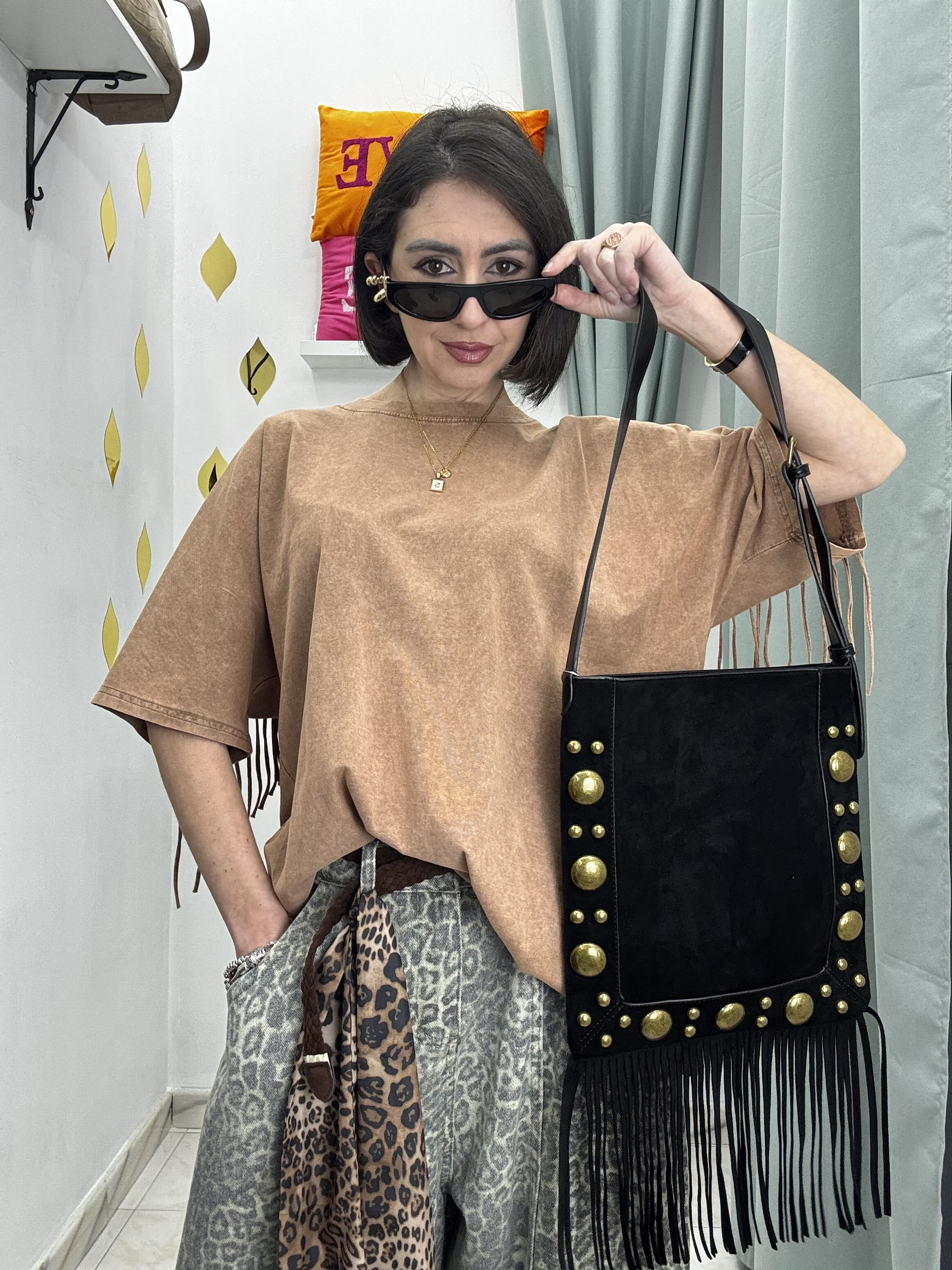 Maglia Donna Mezza Manica con Frange – Cotone Effetto Slavato | Taglia Unica oversize (Copia)