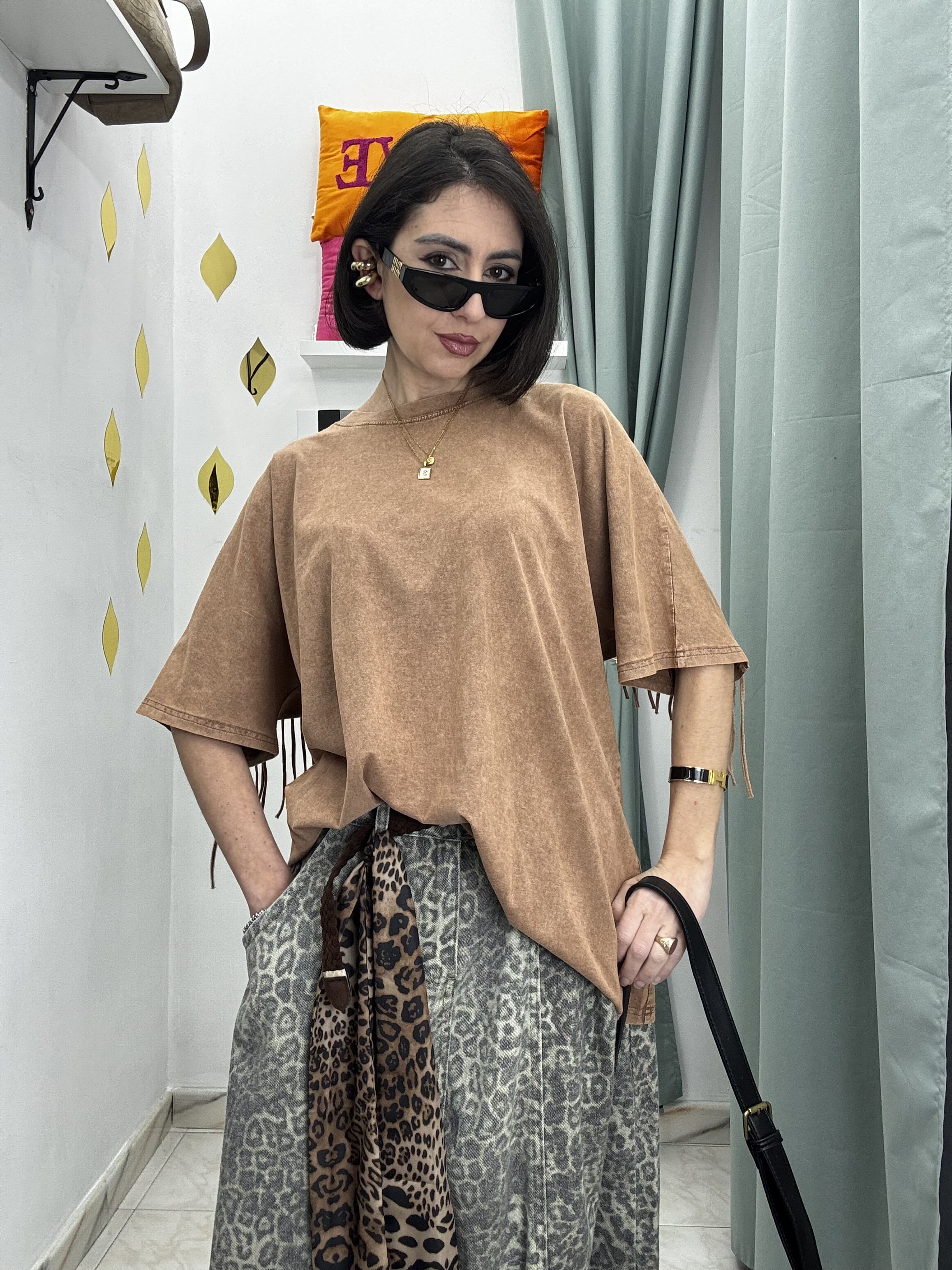 Maglia Donna Mezza Manica con Frange – Cotone Effetto Slavato | Taglia Unica oversize (Copia)