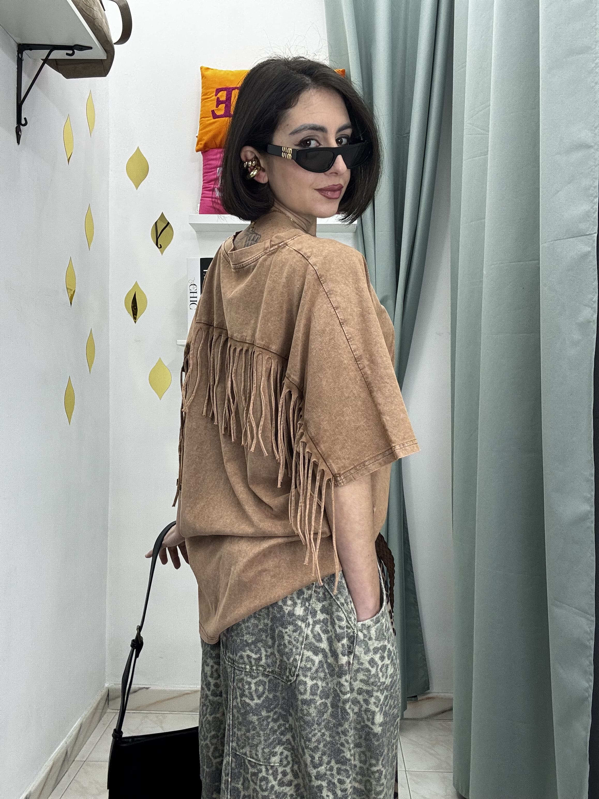 Maglia Donna Mezza Manica con Frange – Cotone Effetto Slavato | Taglia Unica oversize (Copia)