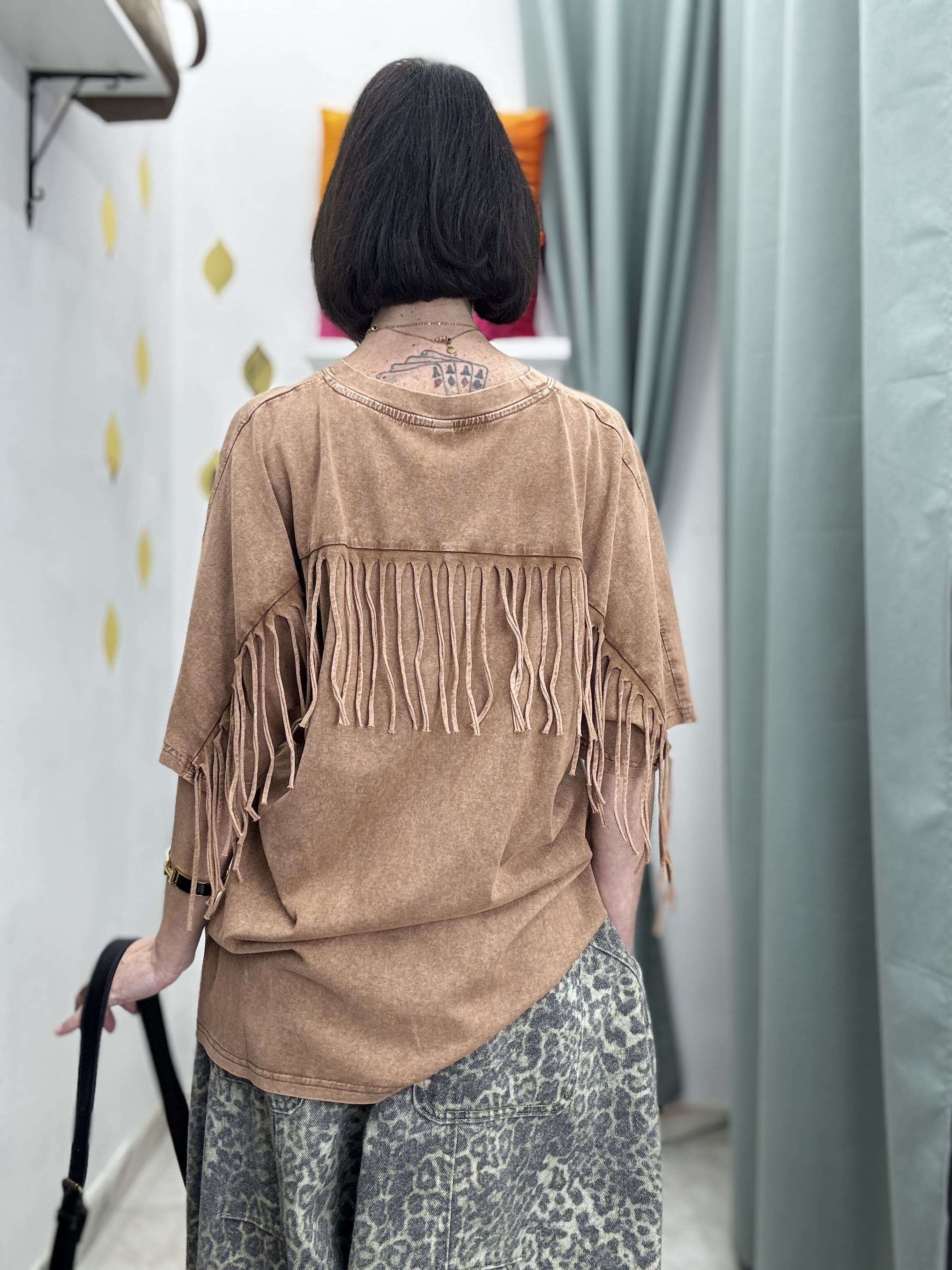 Maglia Donna Mezza Manica con Frange – Cotone Effetto Slavato | Taglia Unica oversize (Copia)