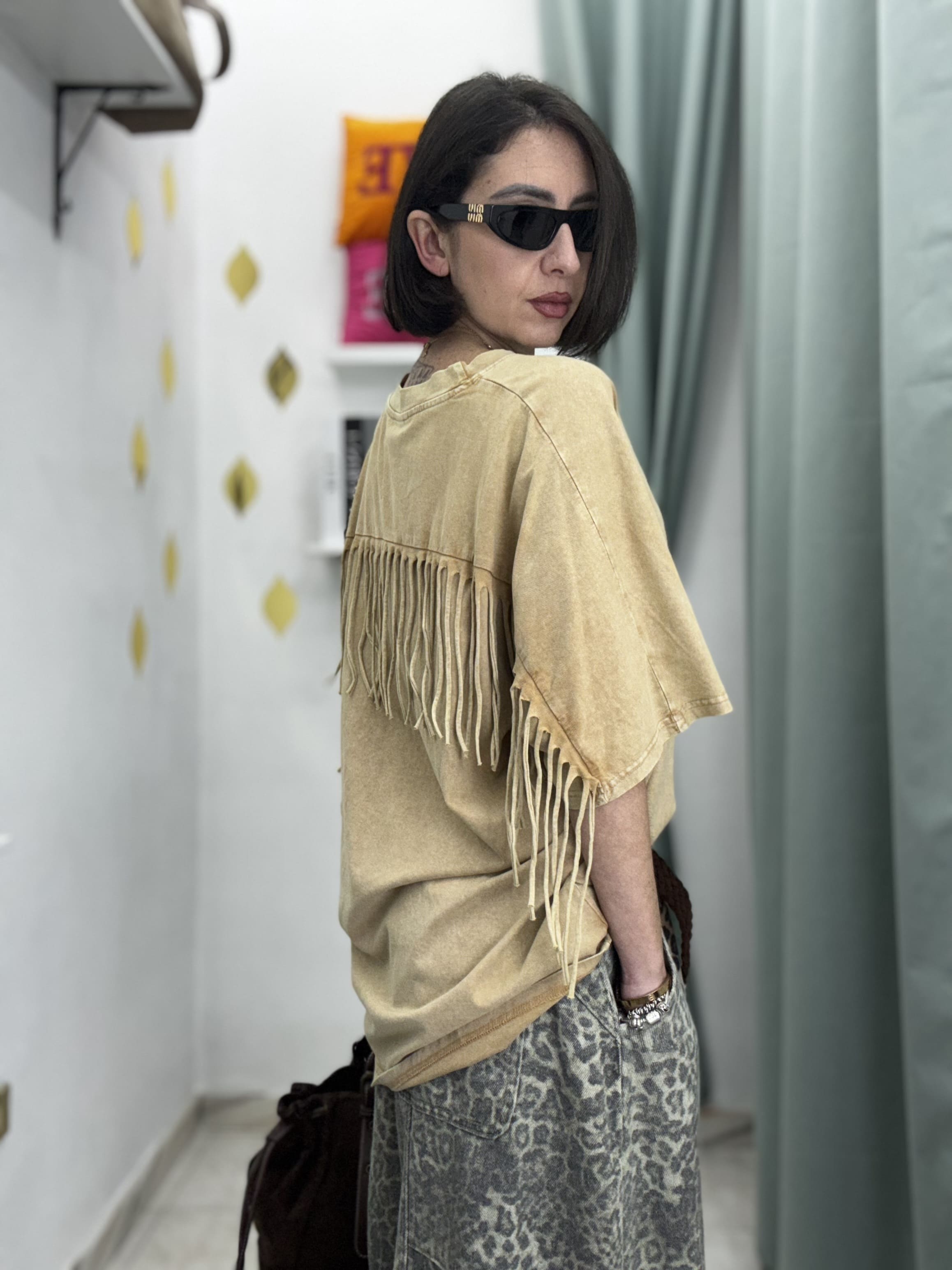 Maglia Donna Mezza Manica con Frange – Cotone Effetto Slavato | Taglia Unica oversize (Copia)