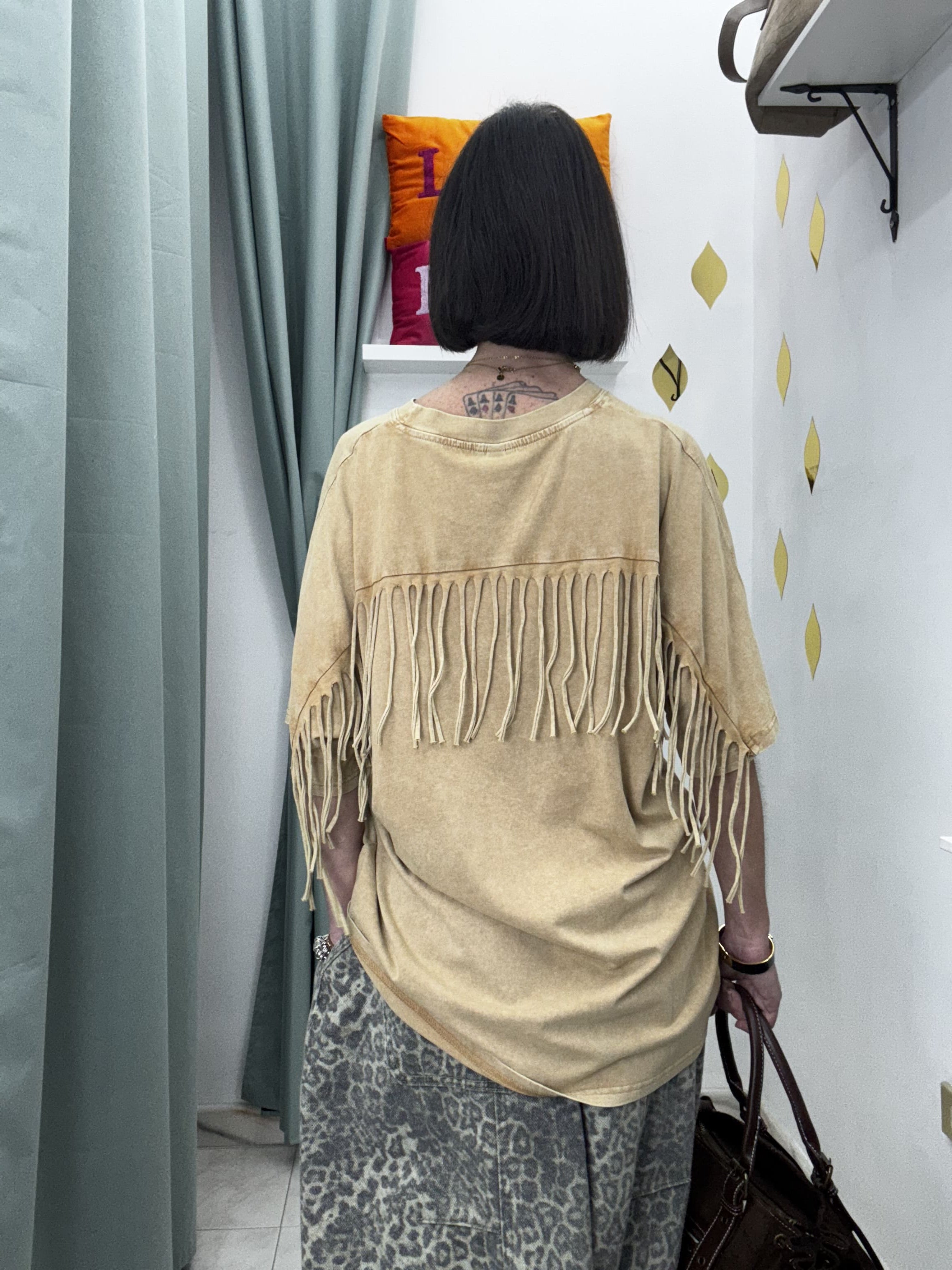 Maglia Donna Mezza Manica con Frange – Cotone Effetto Slavato | Taglia Unica oversize (Copia)