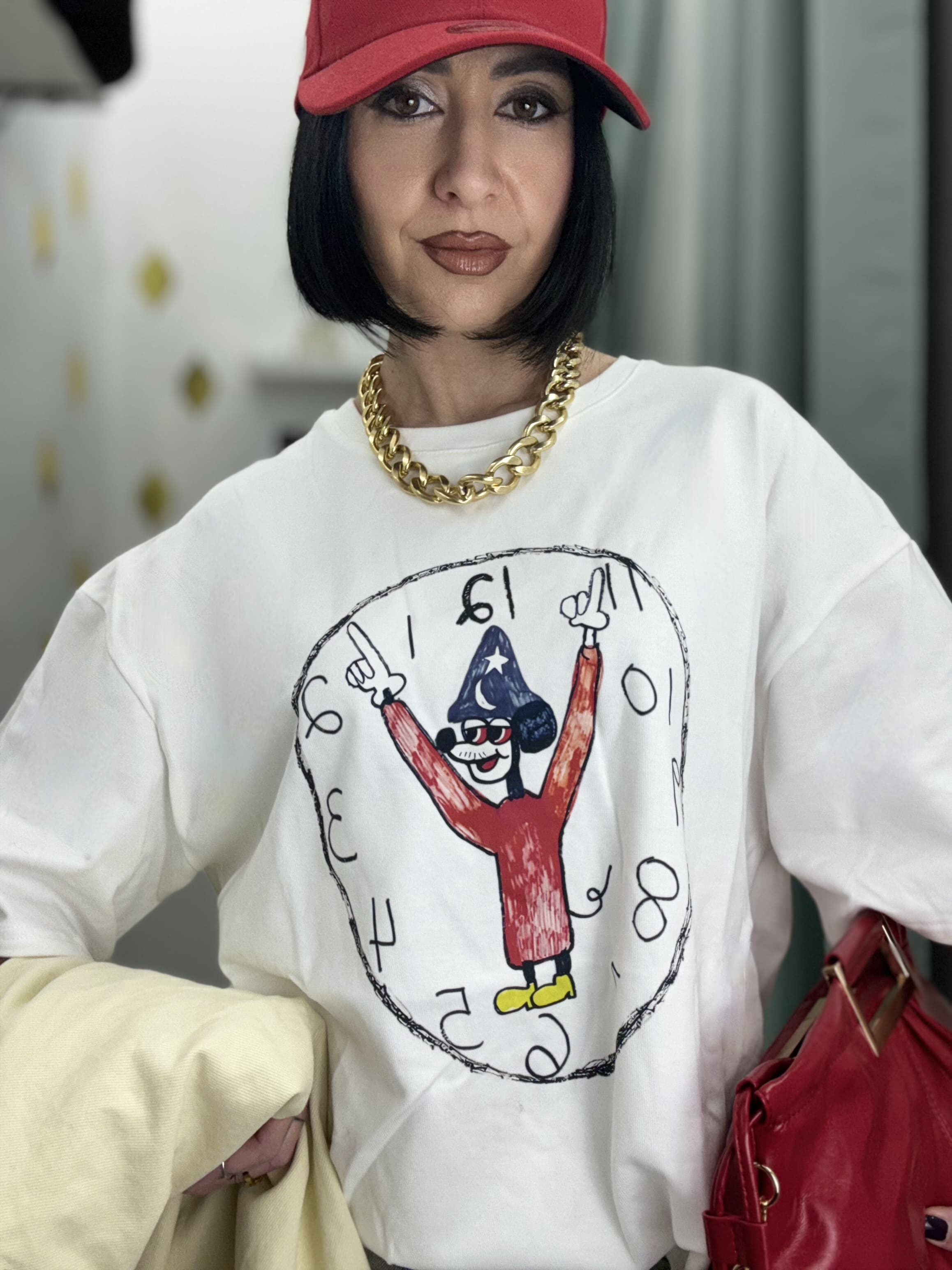 T-Shirt Donna Oversize Bianca con Stampa Topolino Apprendista Stregone – Taglia Unica