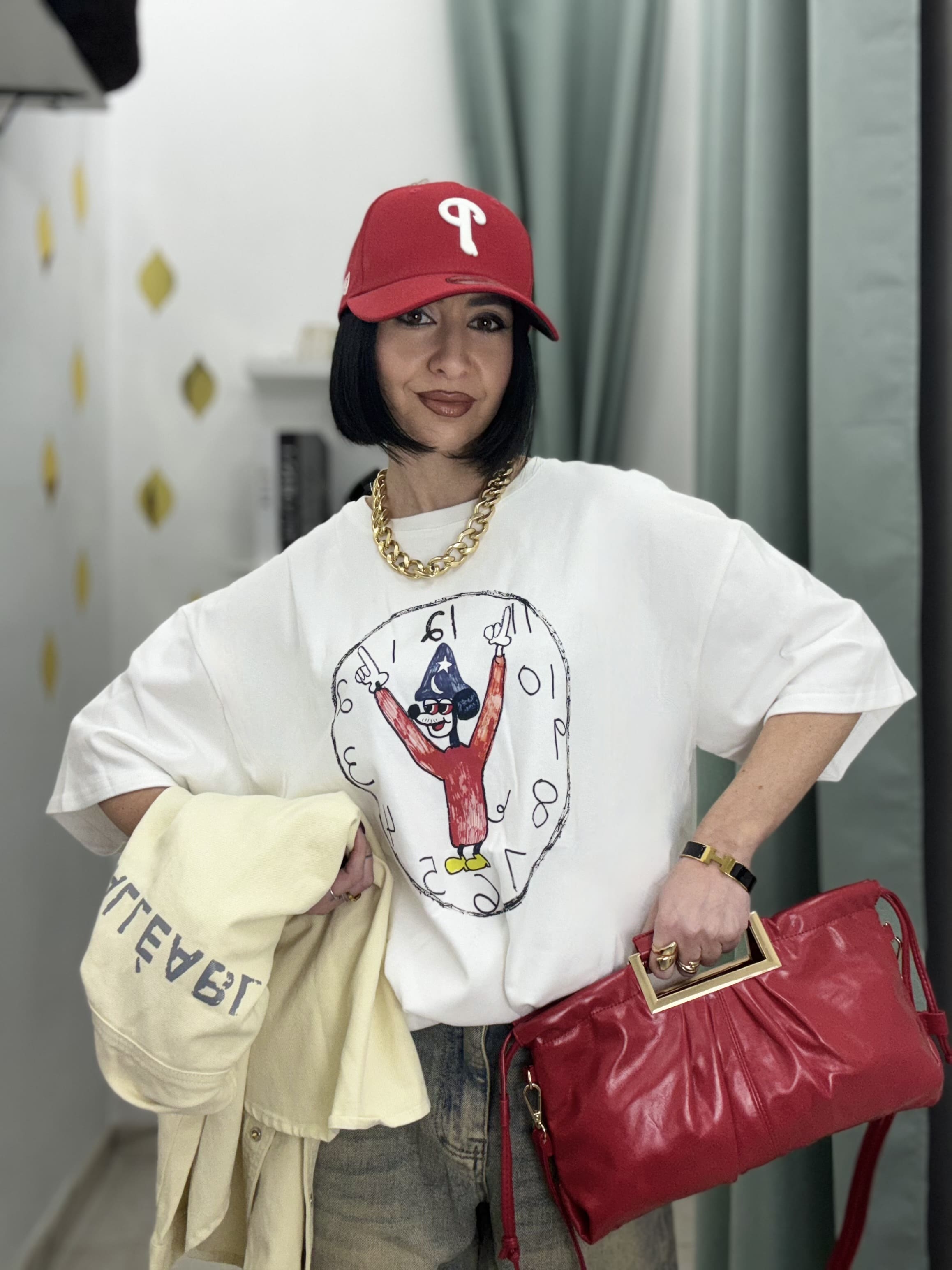 T-Shirt Donna Oversize Bianca con Stampa Topolino Apprendista Stregone – Taglia Unica