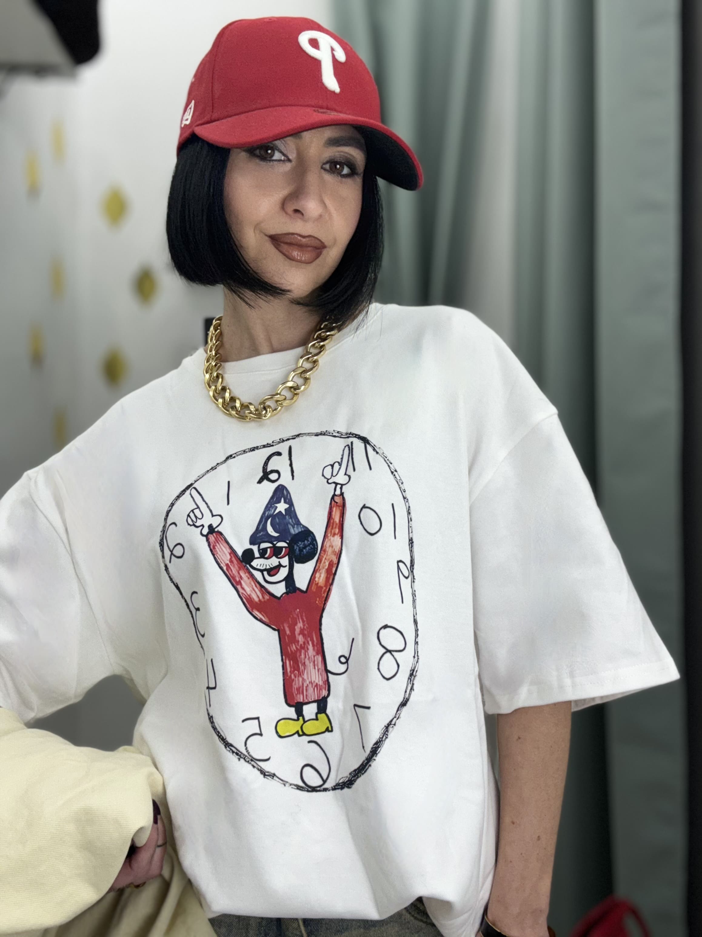 T-Shirt Donna Oversize Bianca con Stampa Topolino Apprendista Stregone – Taglia Unica