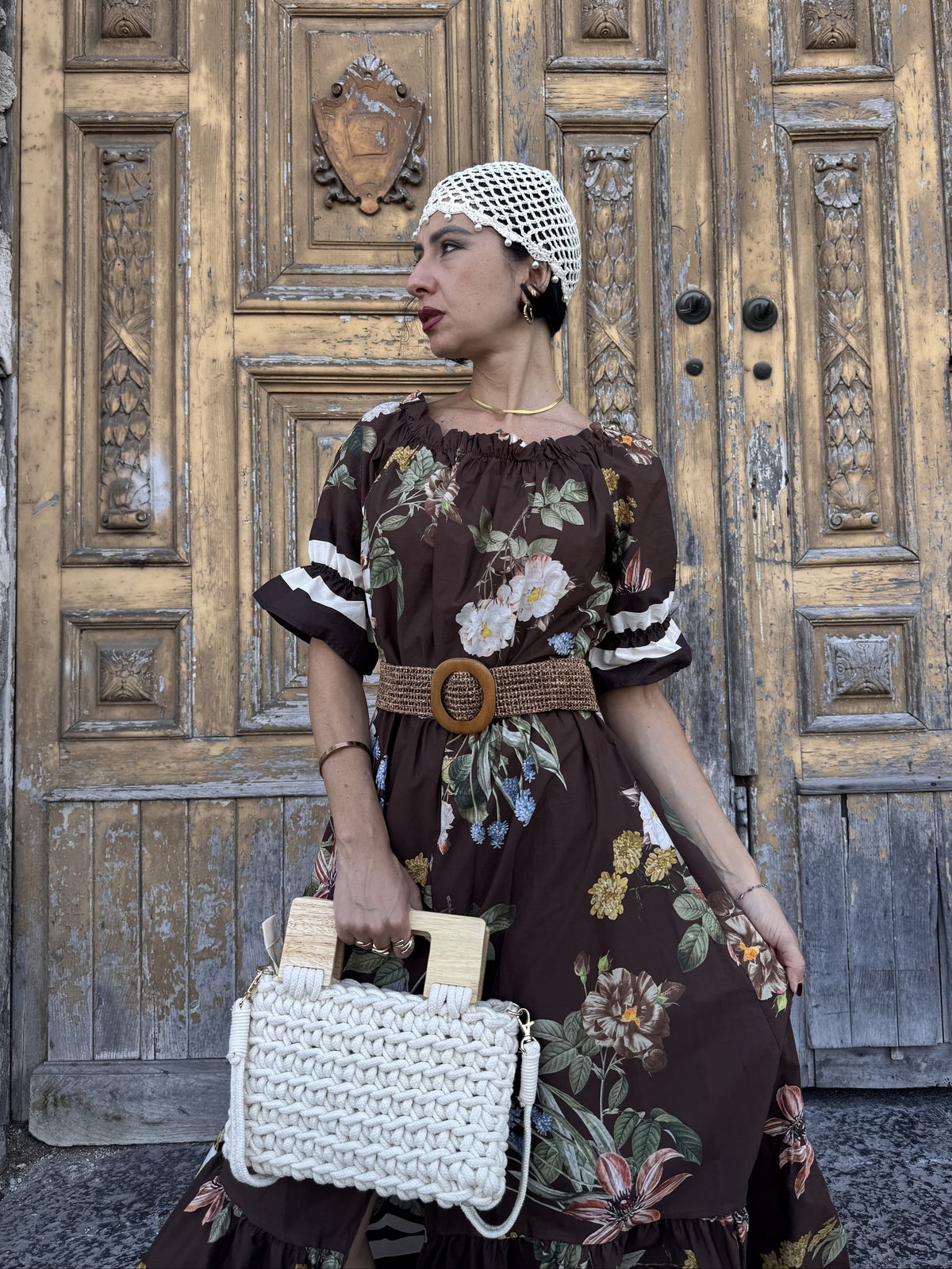 Abito Lungo in Cotone 100% Floreale con Scollo Elasticizzato e Cintura – Taglia Unica