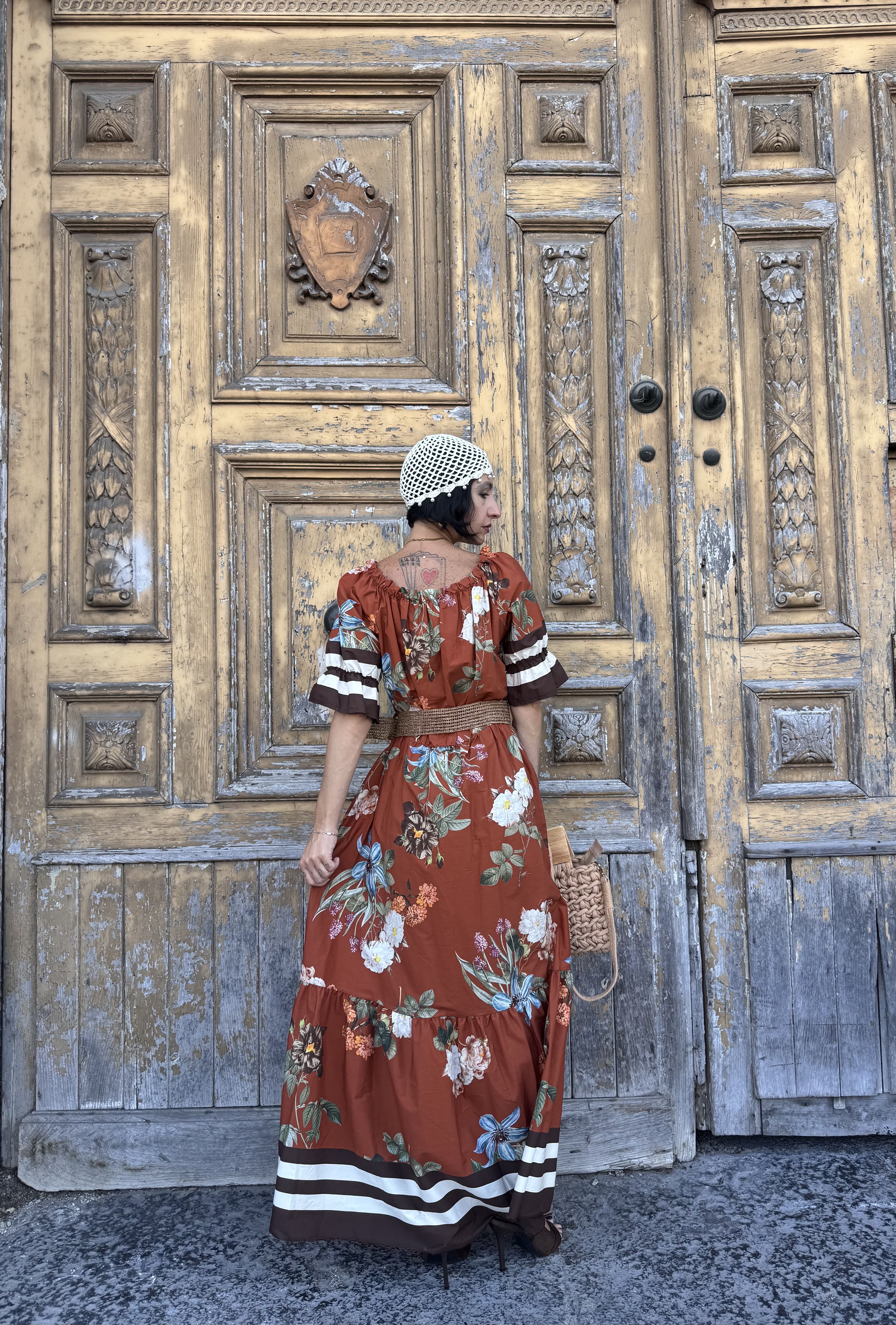 Abito Lungo in Cotone 100% Floreale con Scollo Elasticizzato e Cintura – Taglia Unica