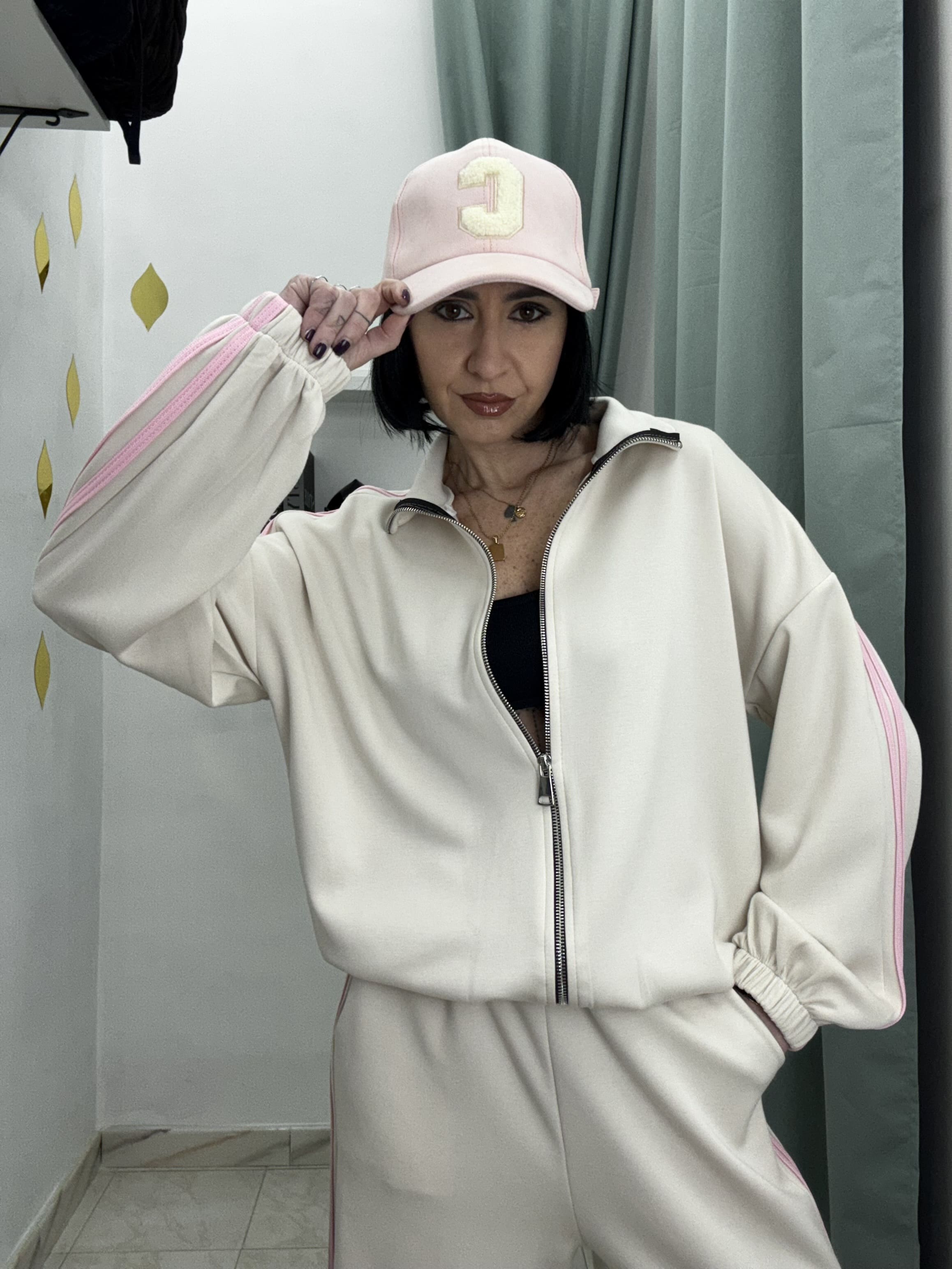 Set Tuta Coordinato Donna – Felpa con Zip e Pantalone Palazzo con Bande Rosa