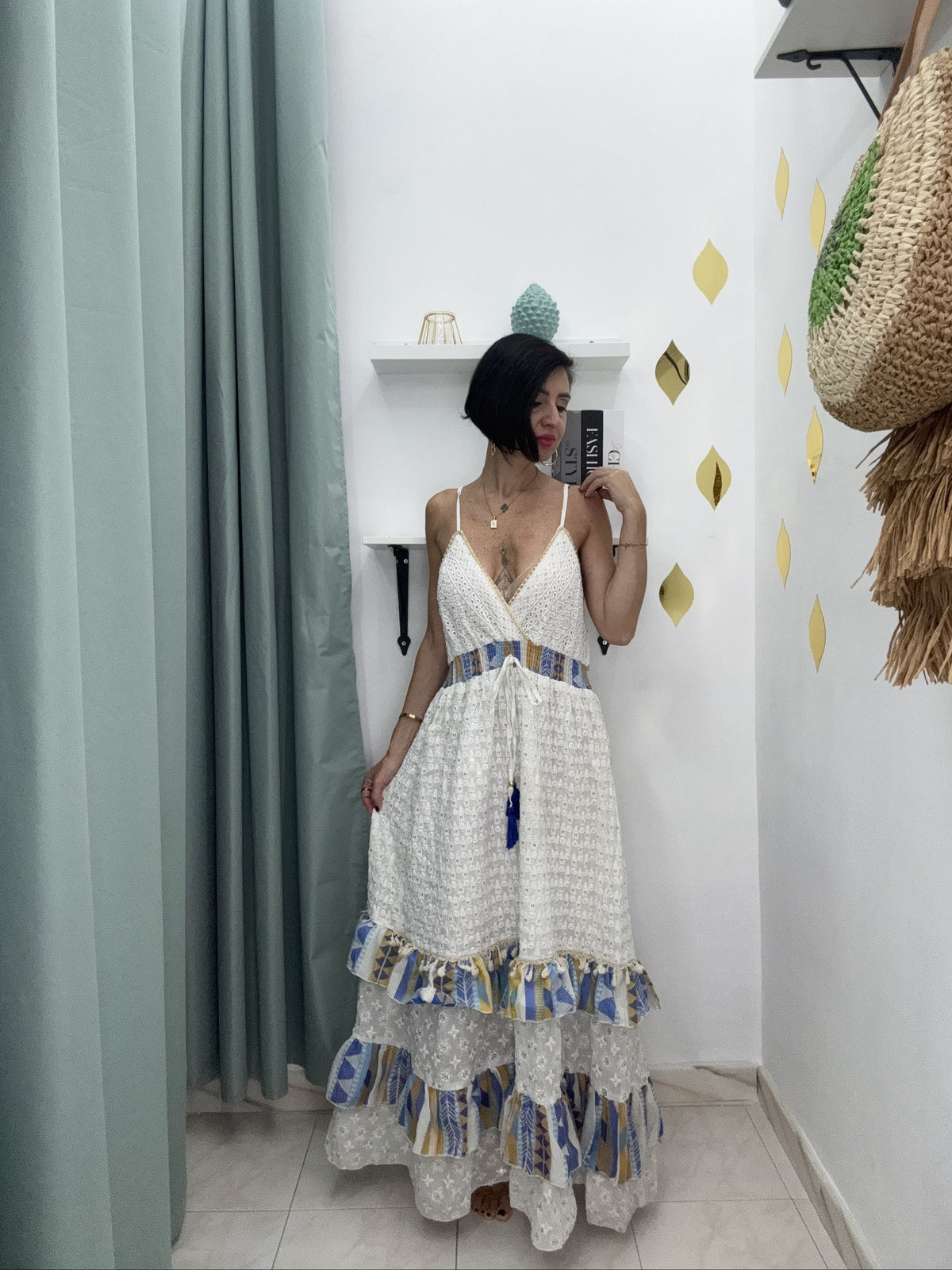 Abito Lungo Estivo in Cotone con Balze Colorate e Paillettes – Taglia Unica (Fino alla 48)