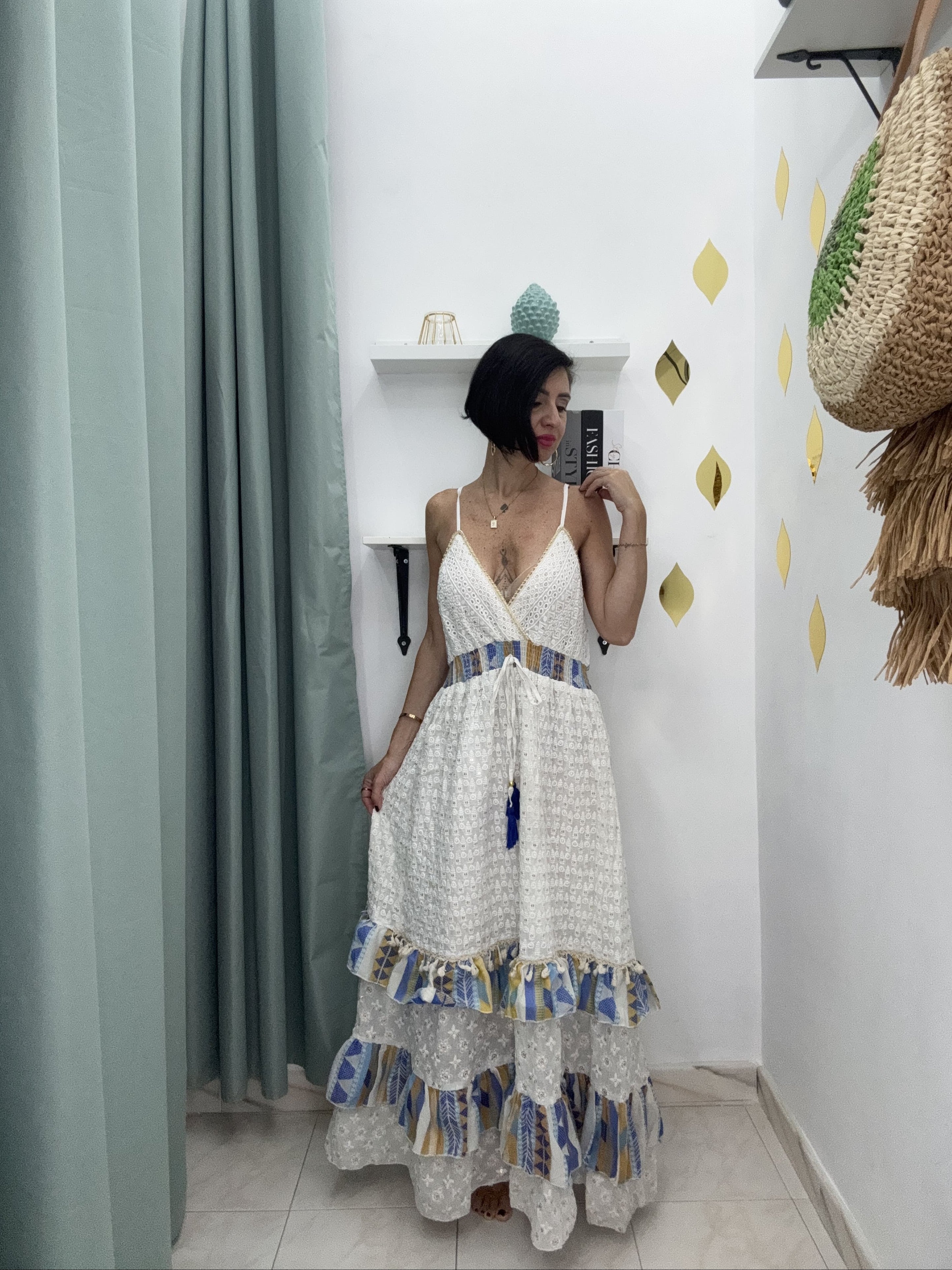 Abito Lungo Estivo in Cotone con Balze Colorate e Paillettes – Taglia Unica (Fino alla 48)
