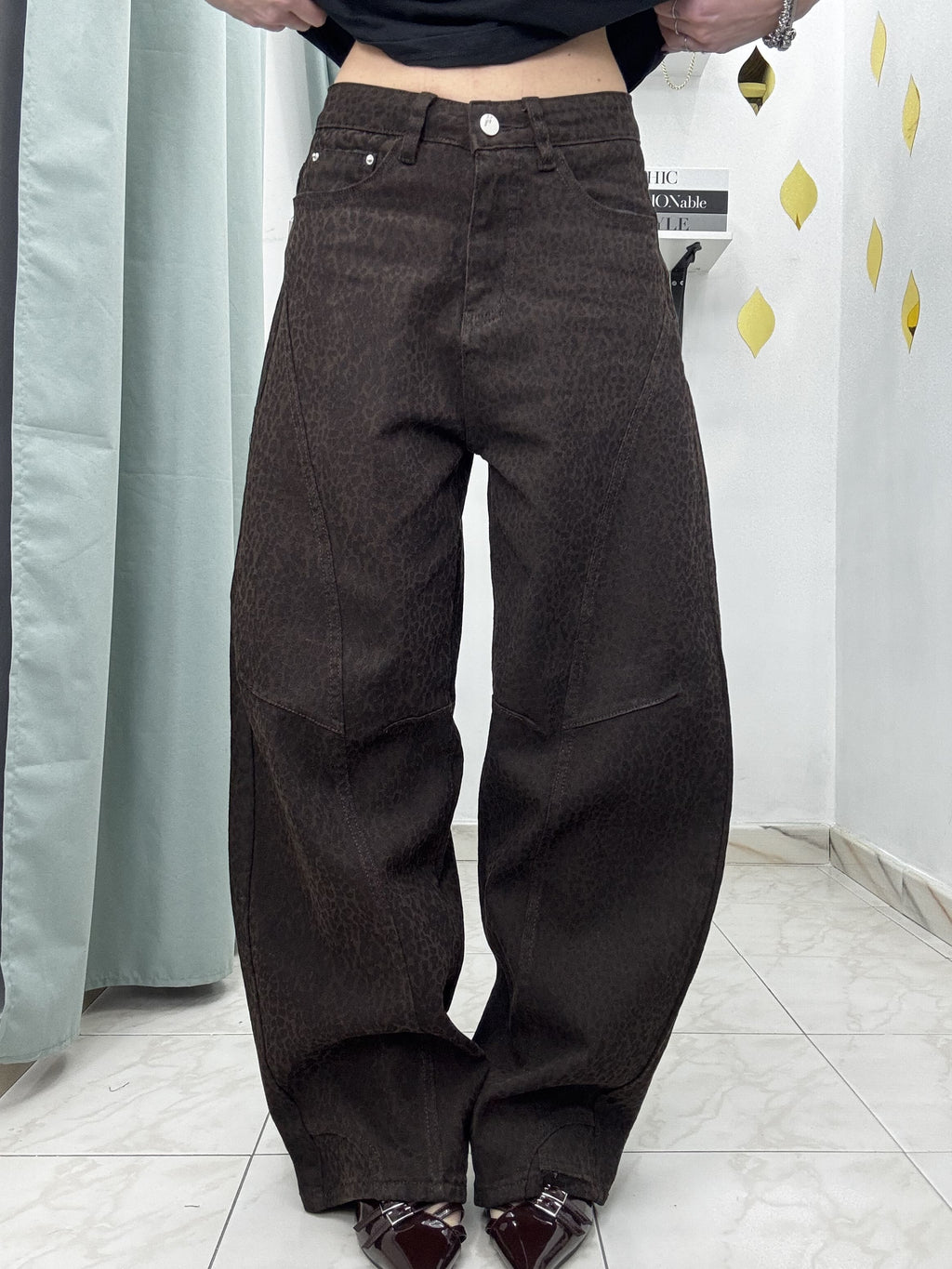 Pantalone Donna Denim Elasticizzato Maculato Nero e Marrone – Modello Ballon