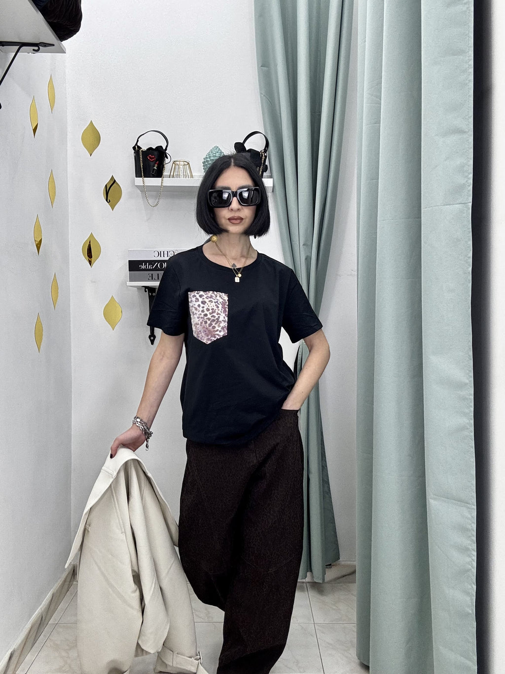 Pantalone Donna Denim Elasticizzato Maculato Nero e Marrone – Modello Ballon