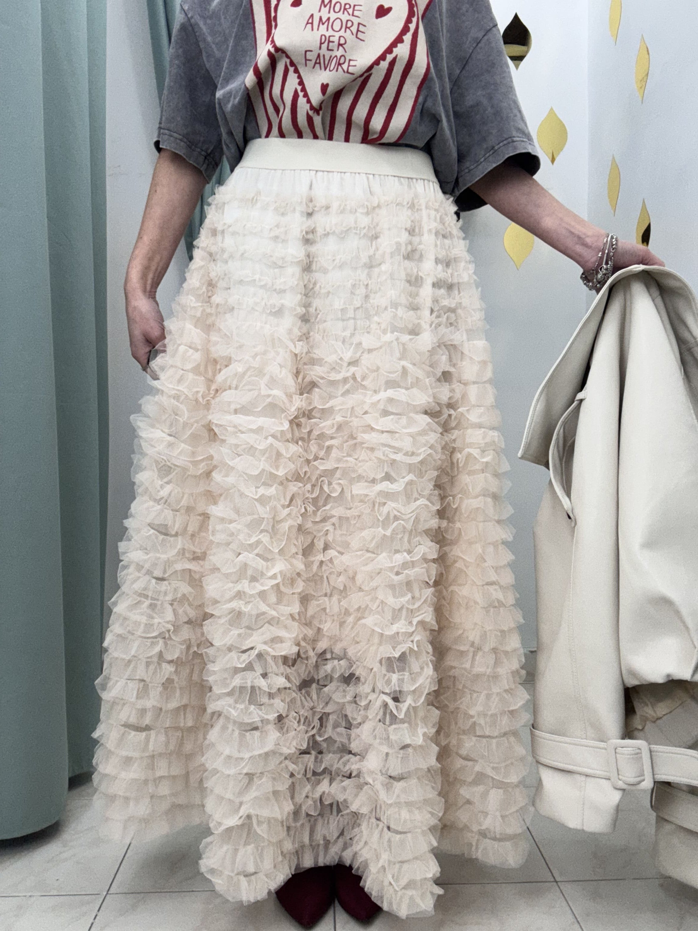 Gonna Ampia Beige in Tulle con Balze e Vita Elastica – Stile Casual Chic Donna