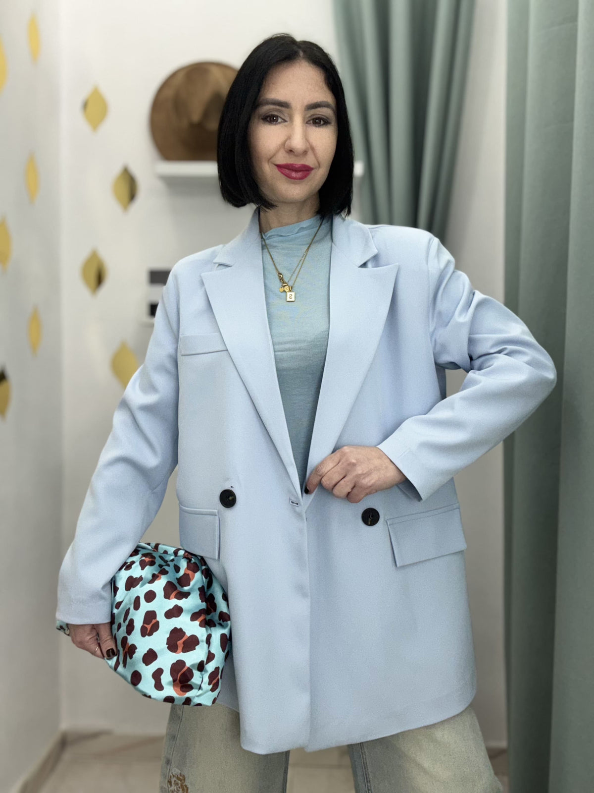 Blazer Donna Doppiopetto con Spalline Just West– Giacca Elegante e Versatile (foto celeste)