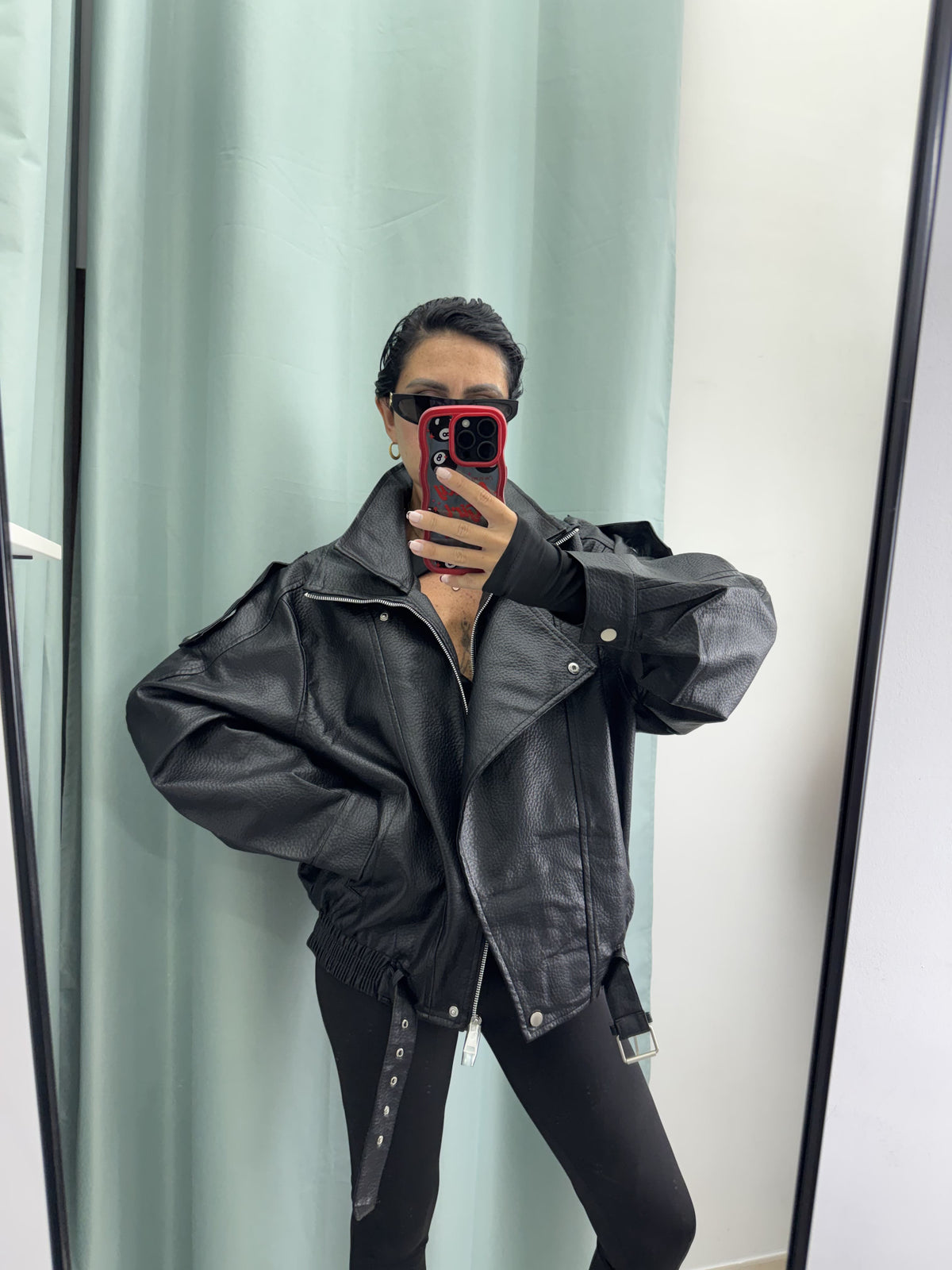Bomber Oversize in Similpelle Martellata Stile Biker con Cintura