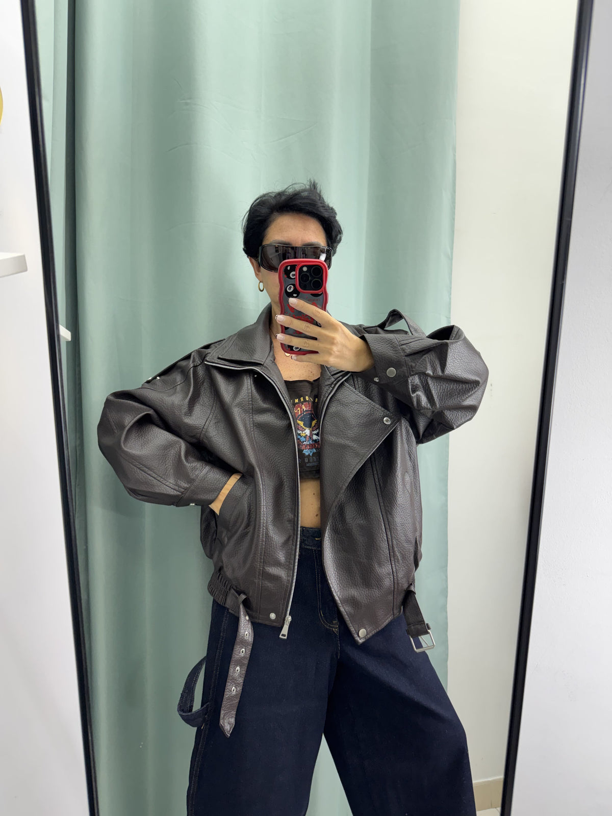 Bomber Oversize in Similpelle Martellata Stile Biker con Cintura