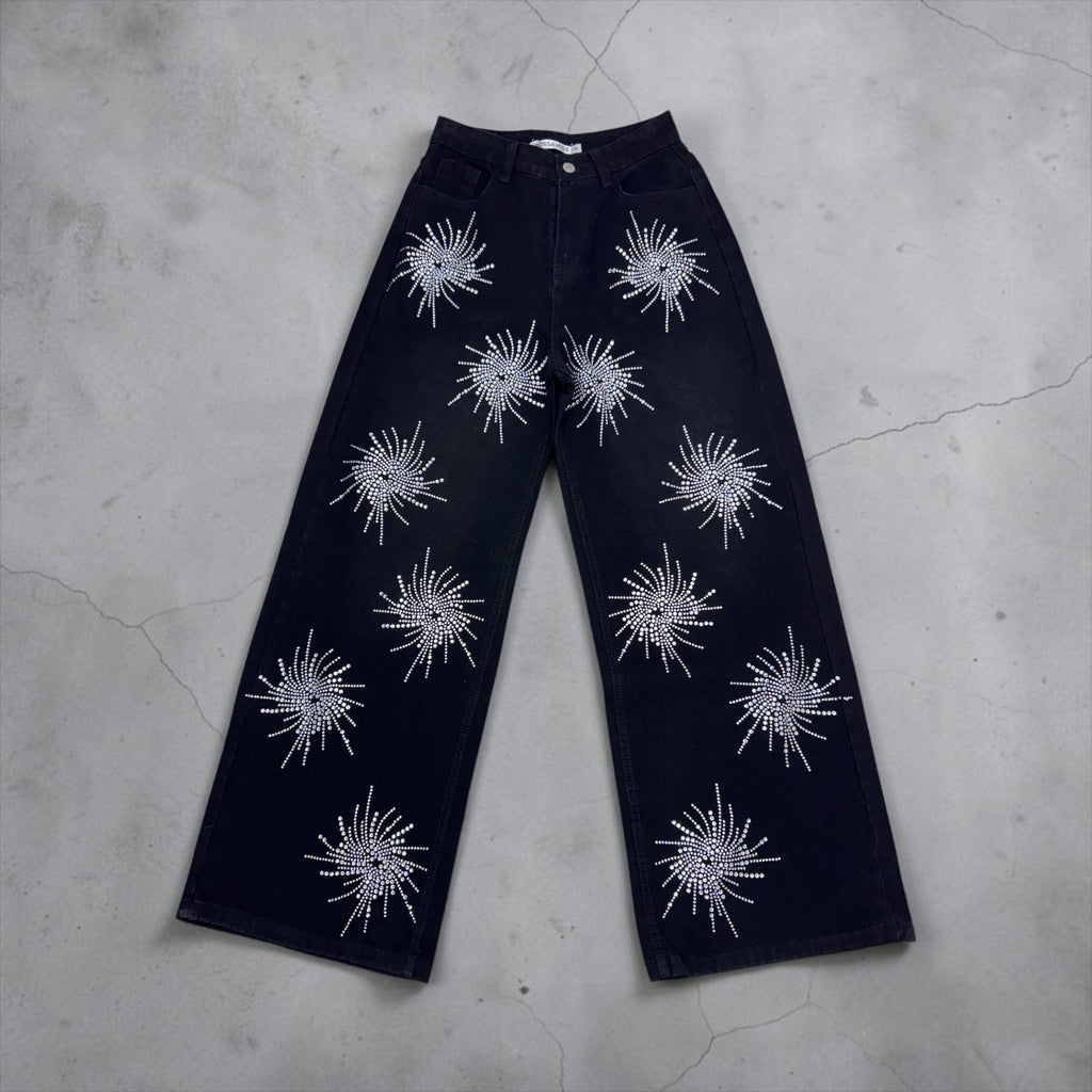 Jeans Palazzo "Starry Night" con Applicazioni Strass – Denim Nero